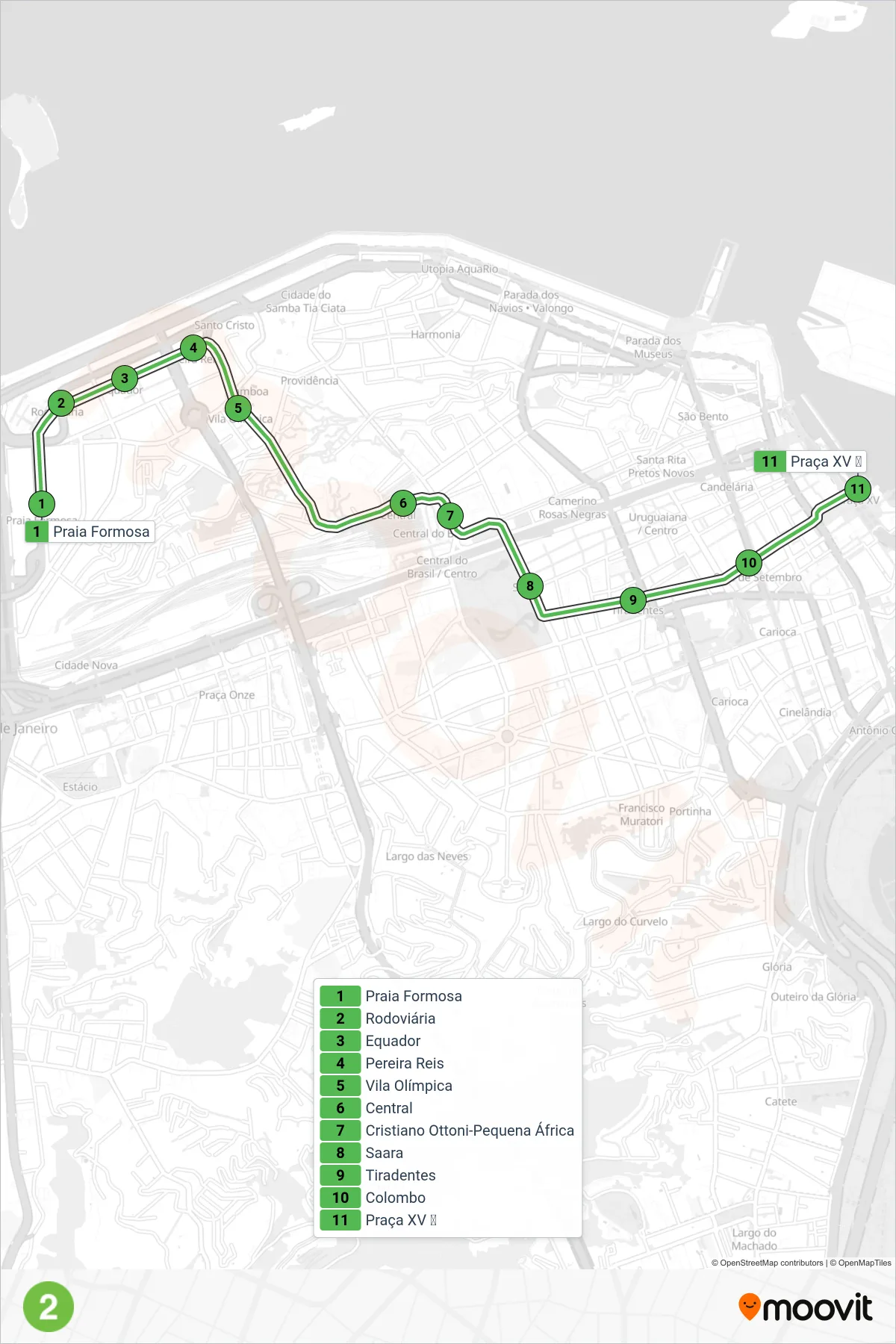 Rota e paradas da linha de vlt L2 (Praça XV) no mapa