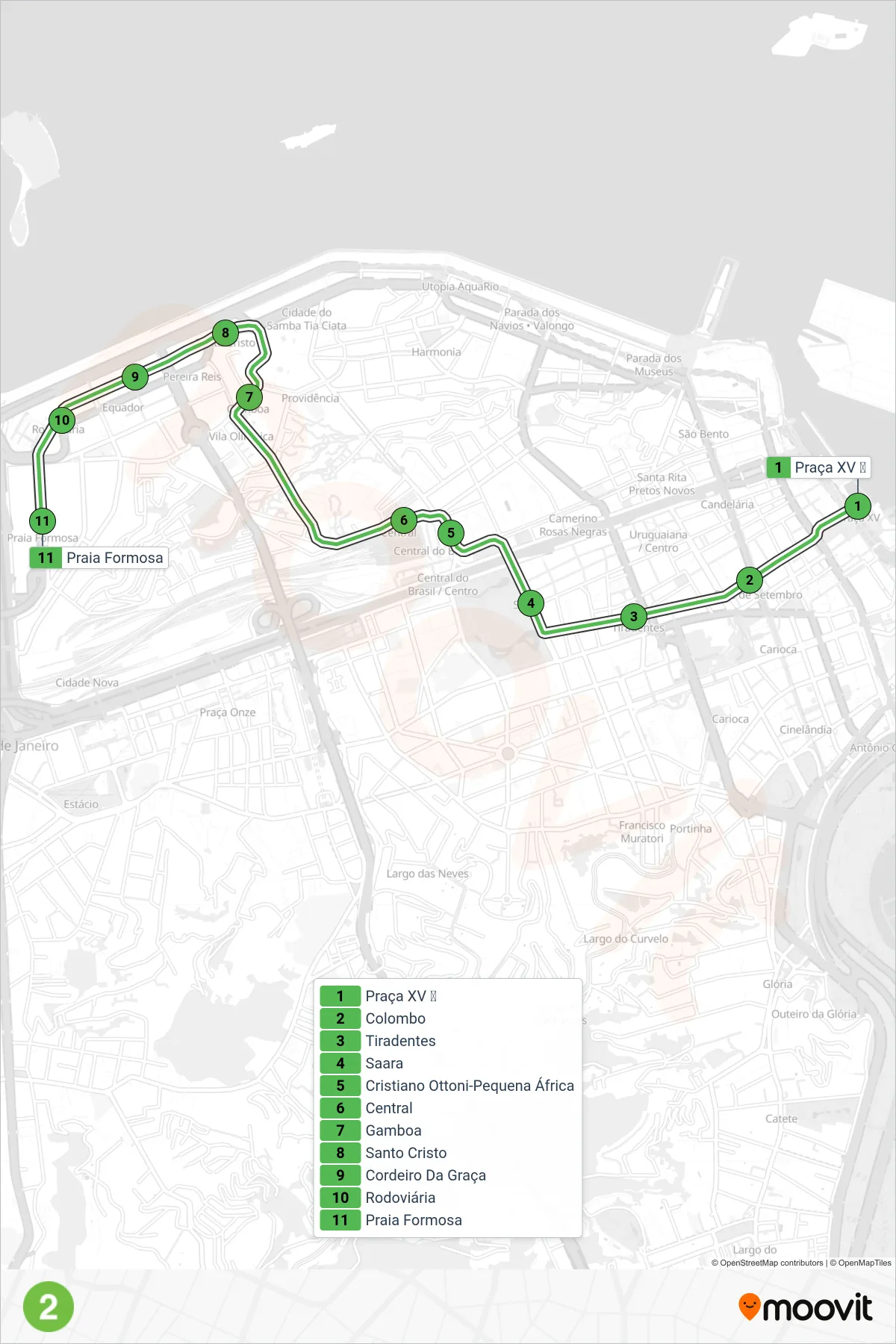 Rota e paradas da linha de vlt L2 (Praia Formosa) no mapa