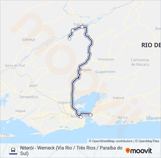 Mapa da linha NITERÓI - WERNECK (VIA RIO / TRÊS RIOS / PARAÍBA DO SUL) de ônibus