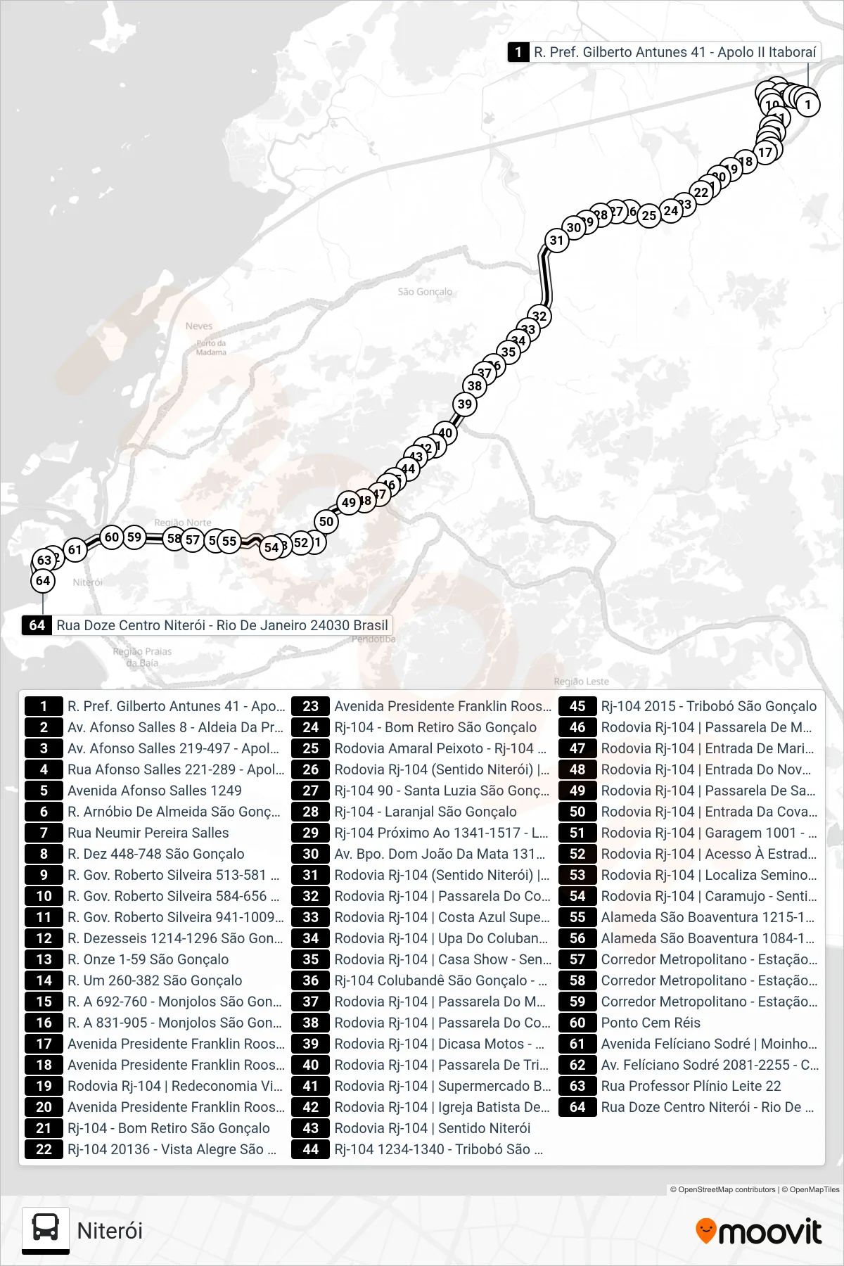 Rota e paradas da linha de ônibus  480M  (Niterói) no mapa