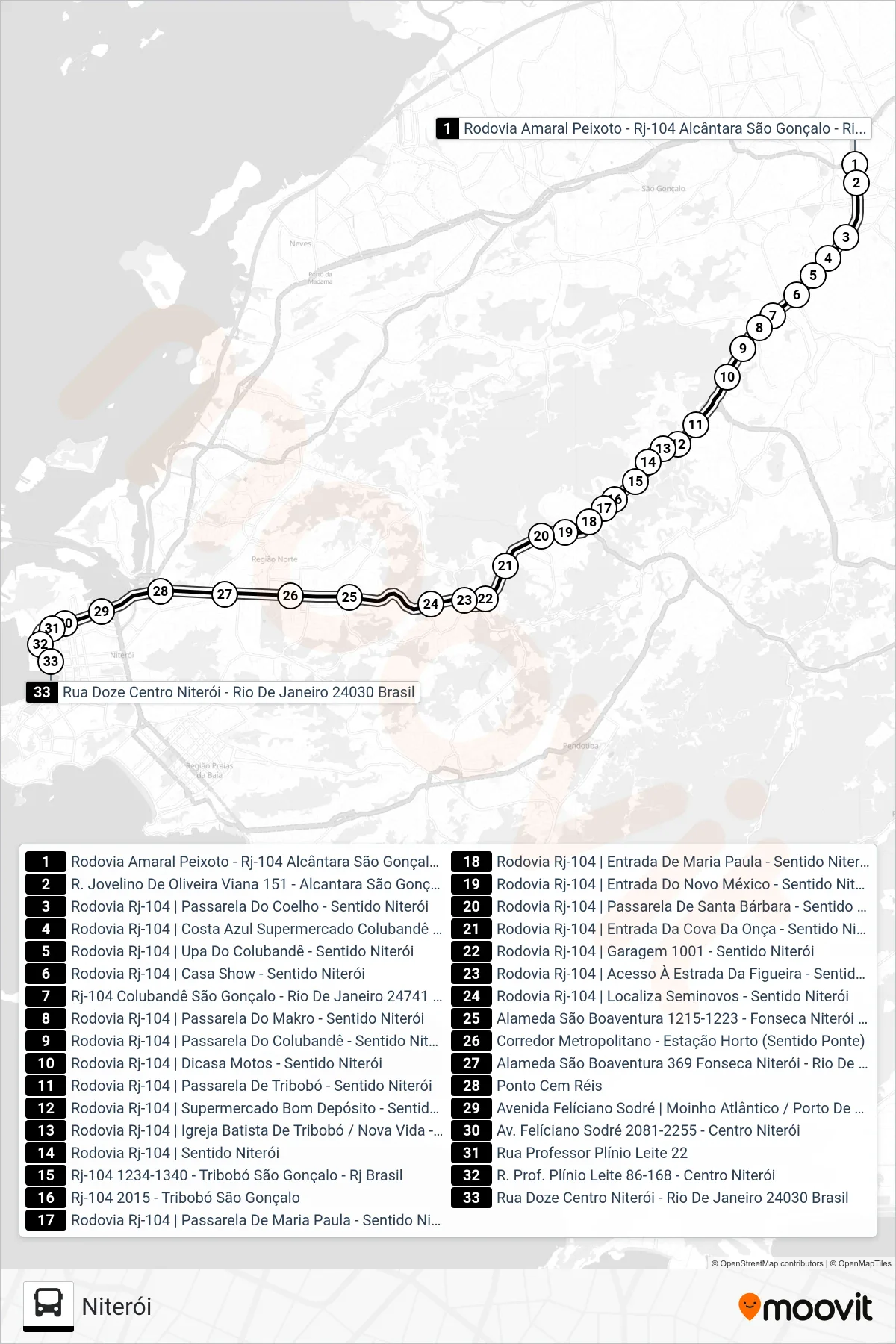 Rota e paradas da linha de ônibus 484M (Niterói) no mapa