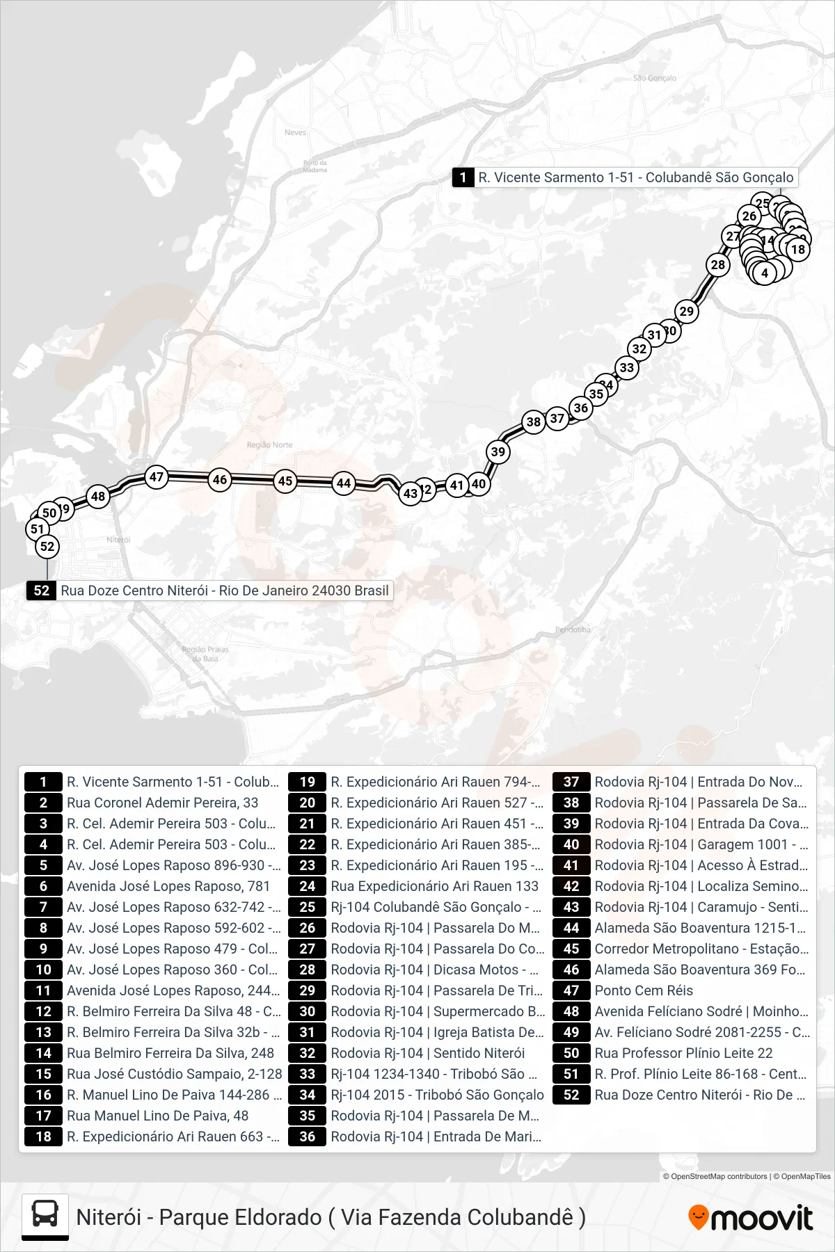Rota e paradas da linha de ônibus 486M (Niterói) no mapa