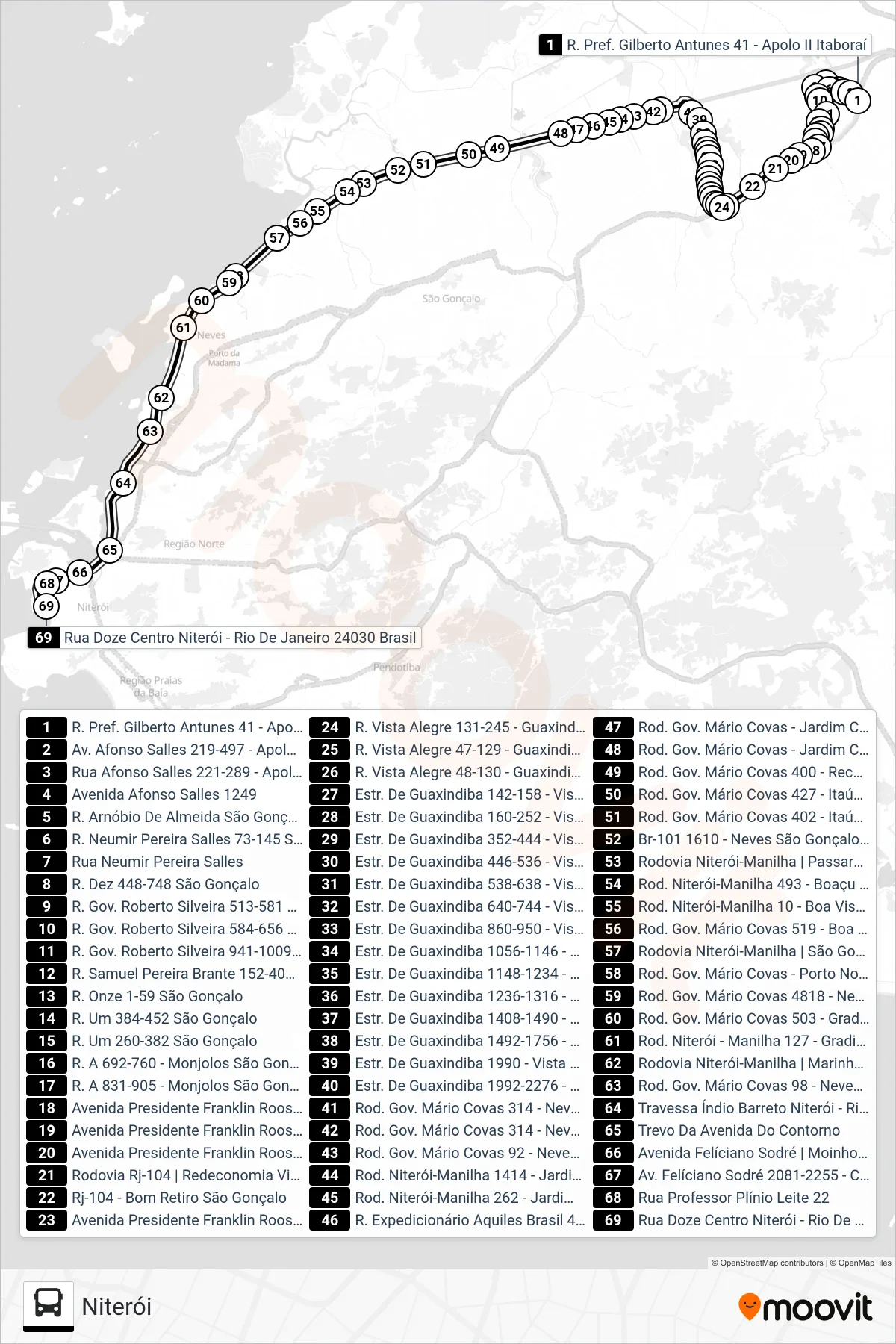 Rota e paradas da linha de ônibus 489M (Niterói) no mapa