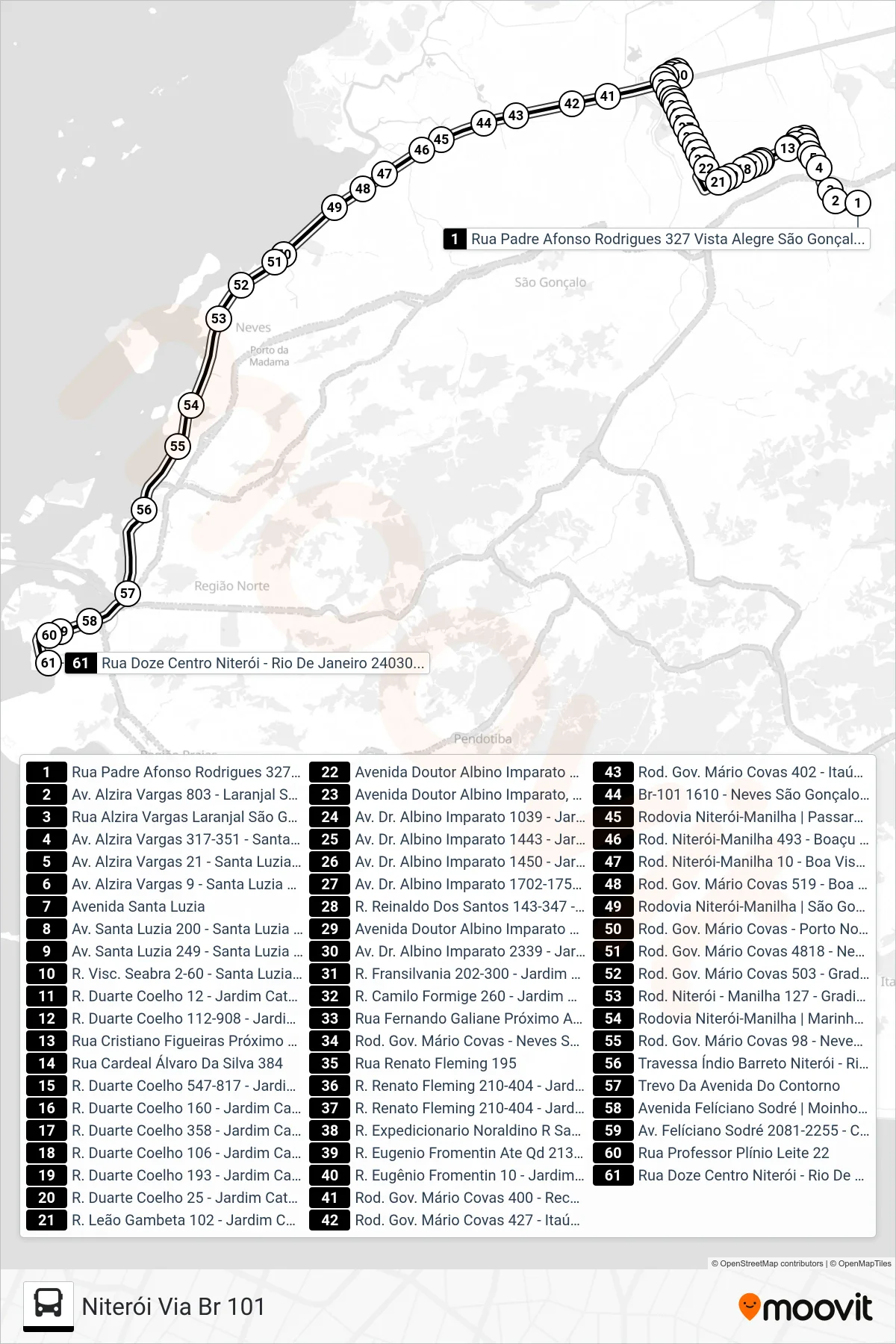 Rota e paradas da linha de ônibus 491M (Niterói Via Br 101) no mapa