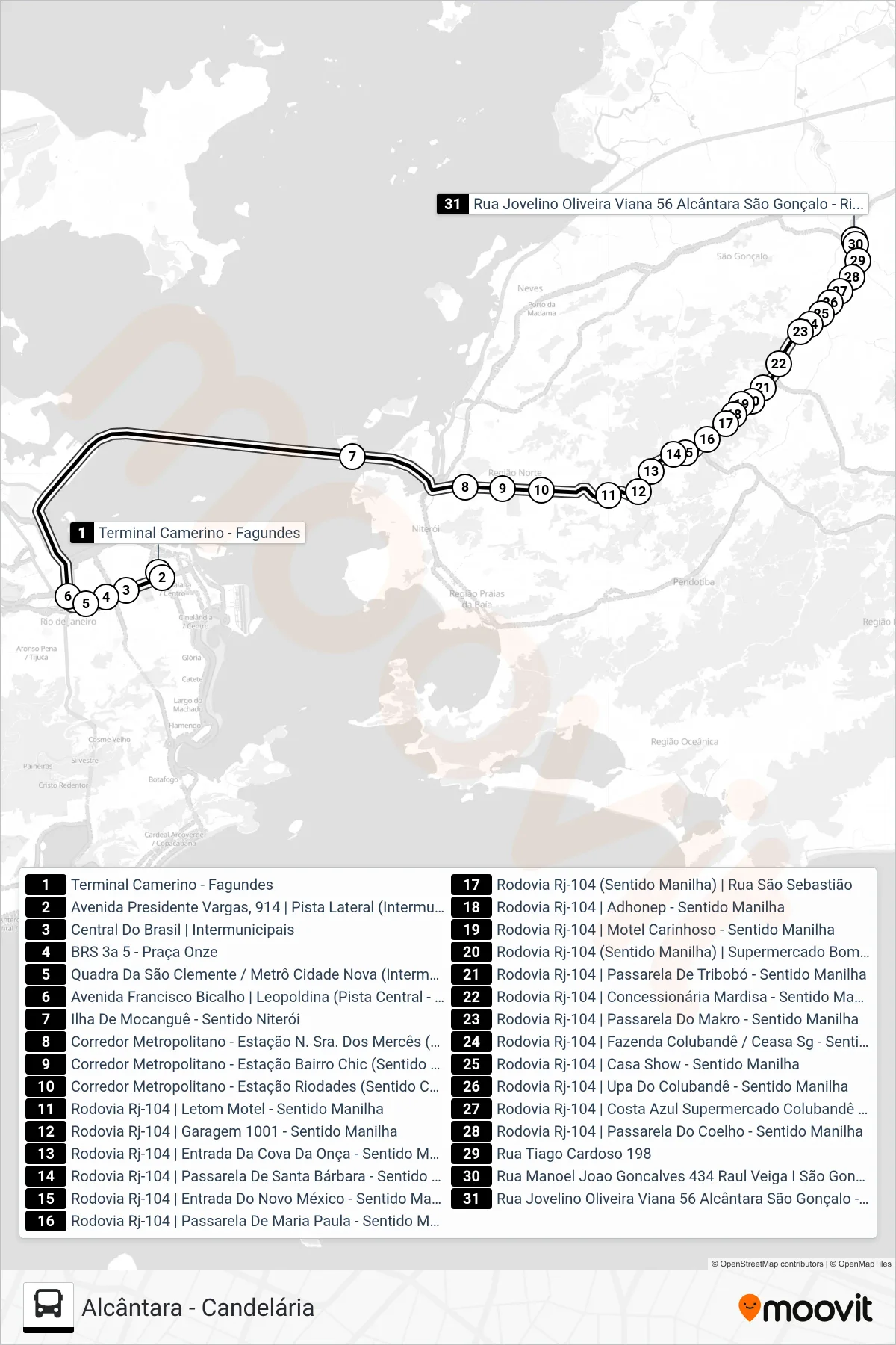 Rota e paradas da linha de ônibus 521D (Alcântara) no mapa