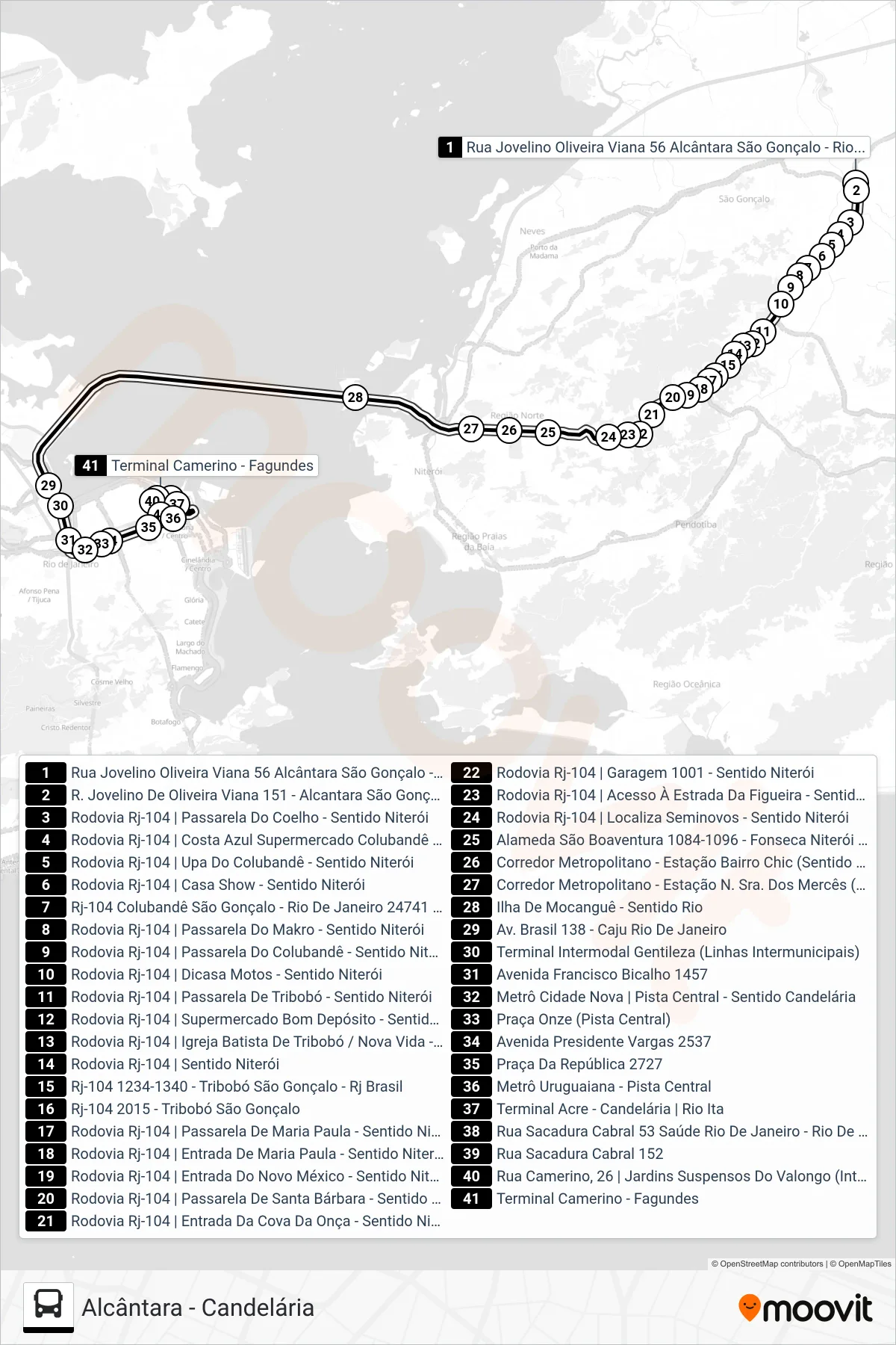 Rota e paradas da linha de ônibus 521D (Candelária) no mapa