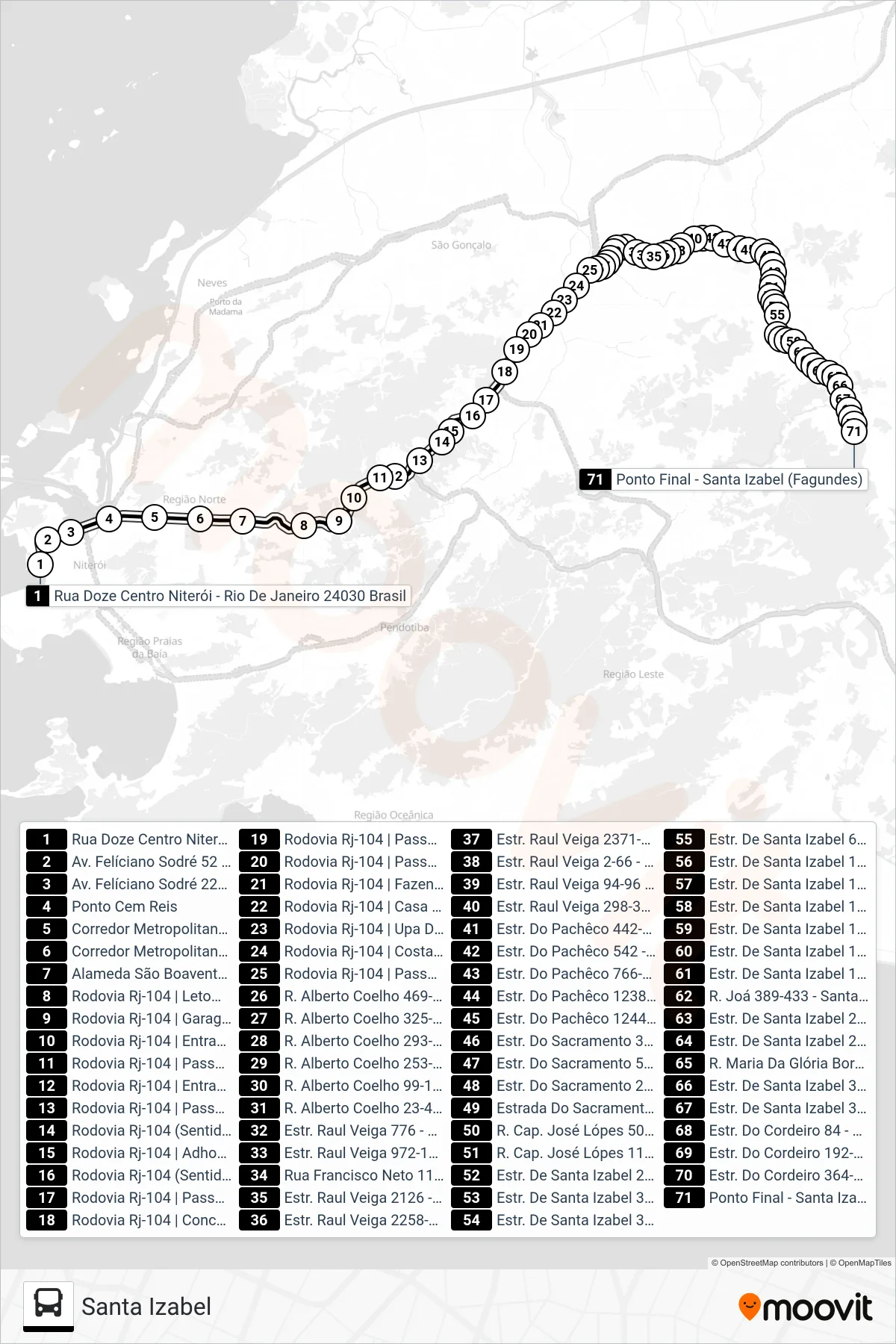 Rota e paradas da linha de ônibus  549M  (Santa Izabel) no mapa