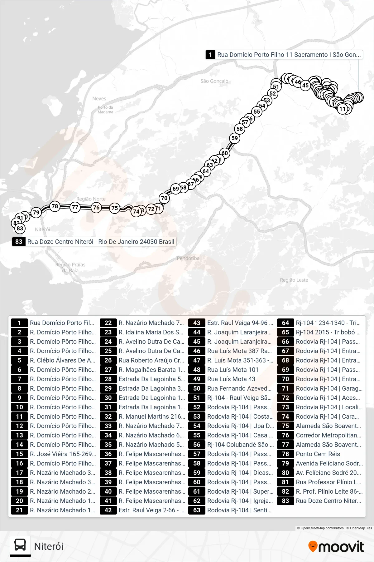 Rota e paradas da linha de ônibus 553M (Niterói) no mapa