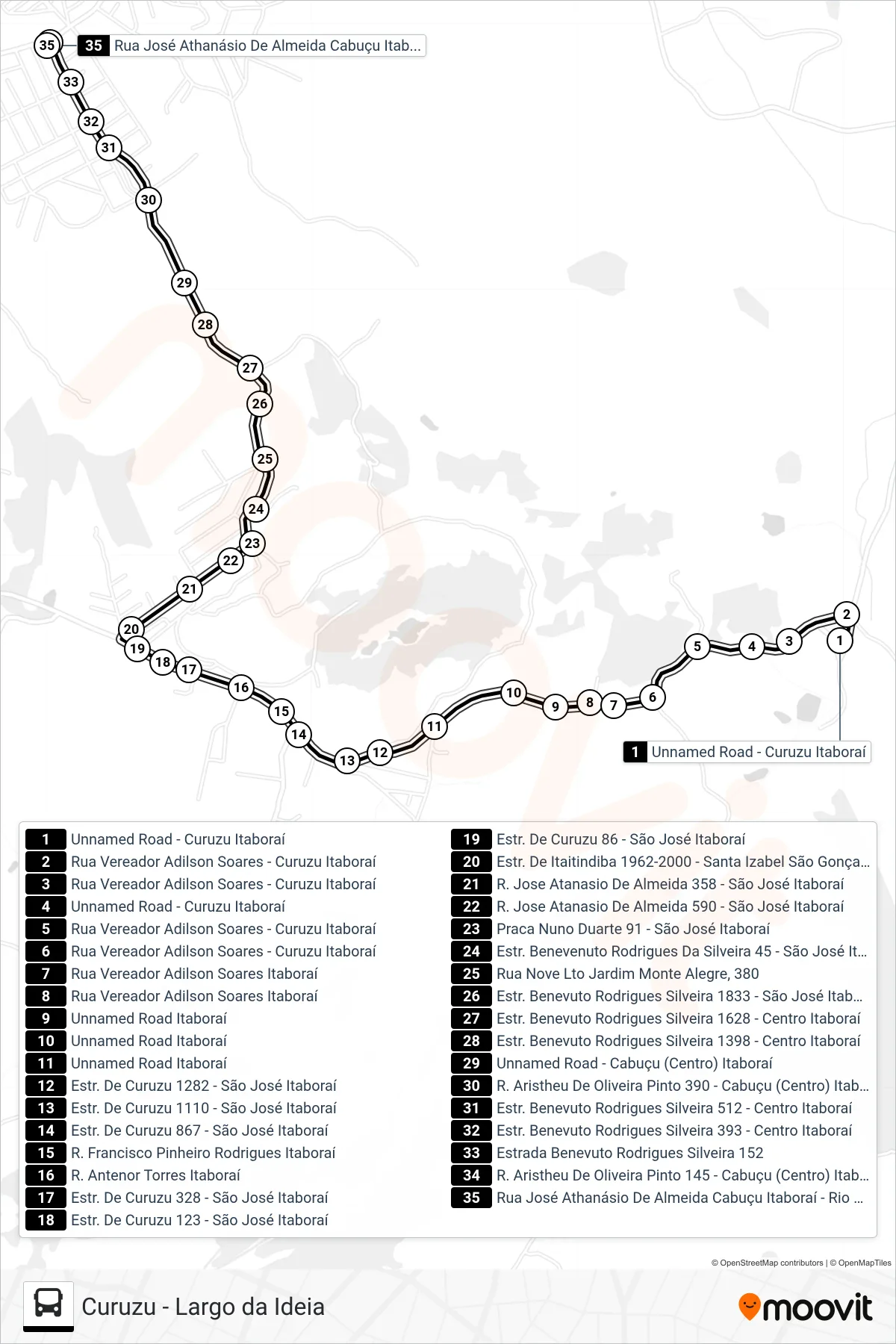 Rota e paradas da linha de ônibus 700M (Cabuçu) no mapa