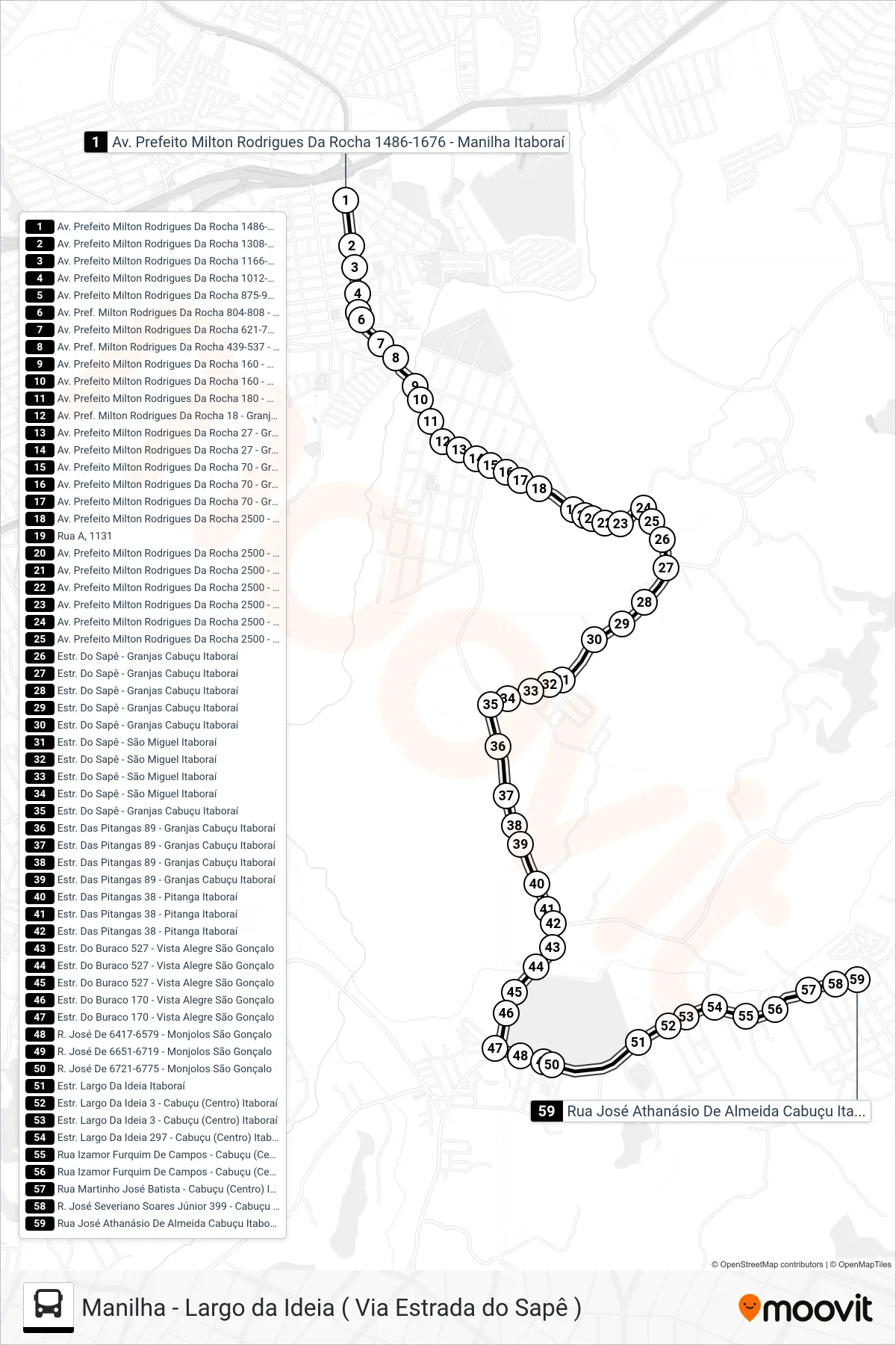 Rota e paradas da linha de ônibus 703M (Cabuçu) no mapa