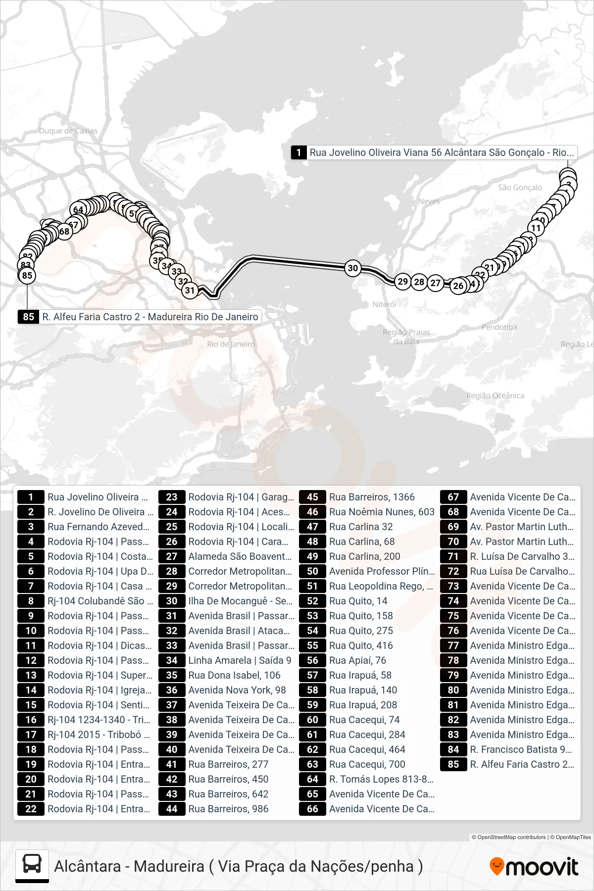 Rota e paradas da linha de ônibus 718D (Madureira) no mapa