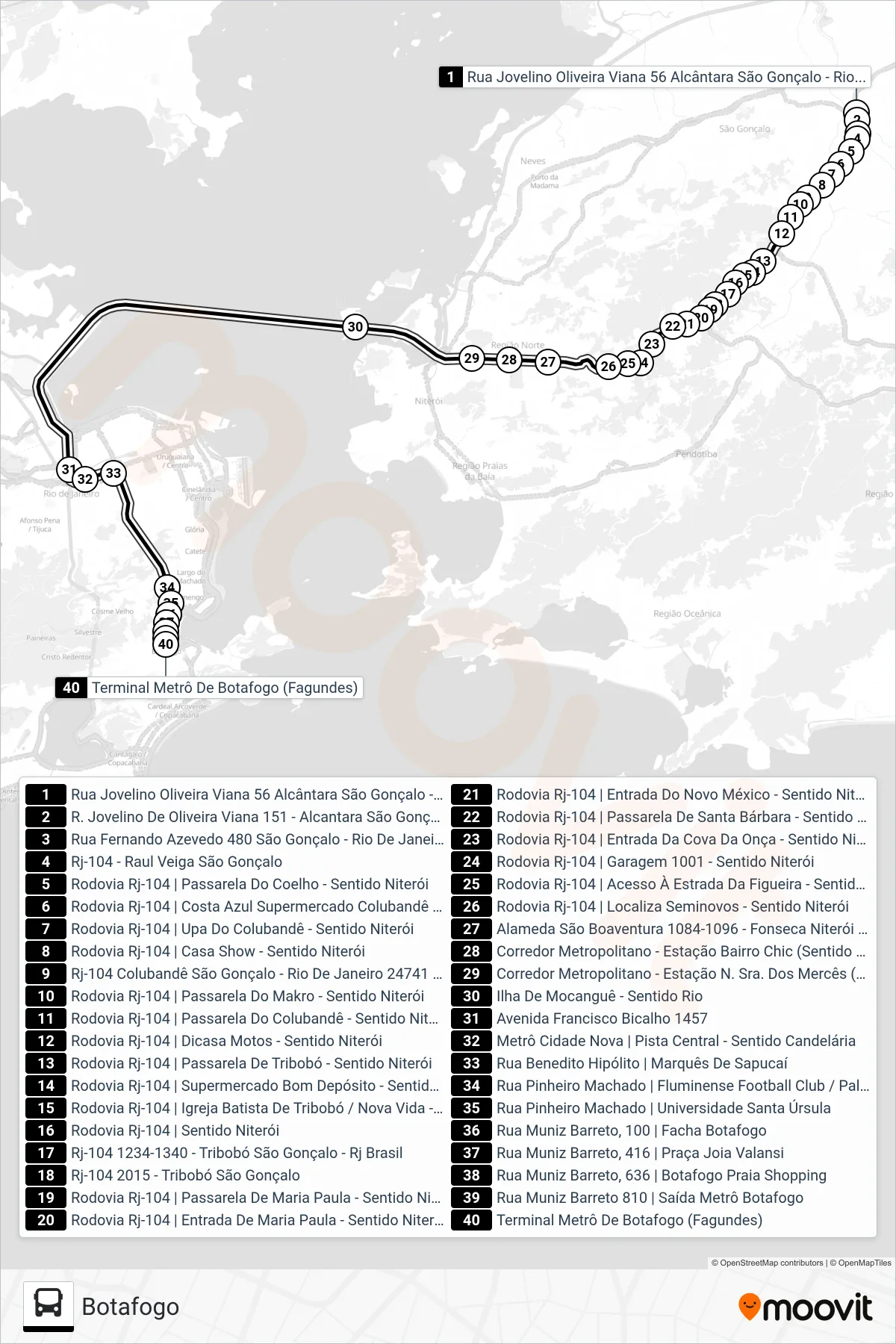 Rota e paradas da linha de ônibus 721D (Botafogo) no mapa