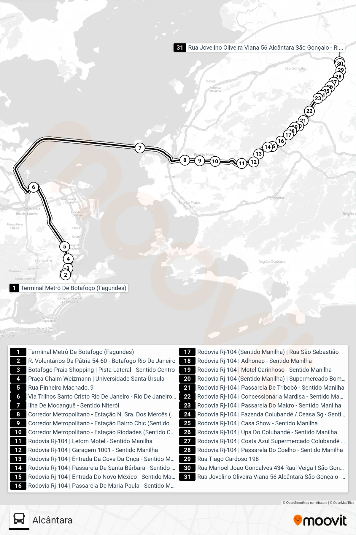 Rota e paradas da linha de ônibus 721D (Alcântara) no mapa