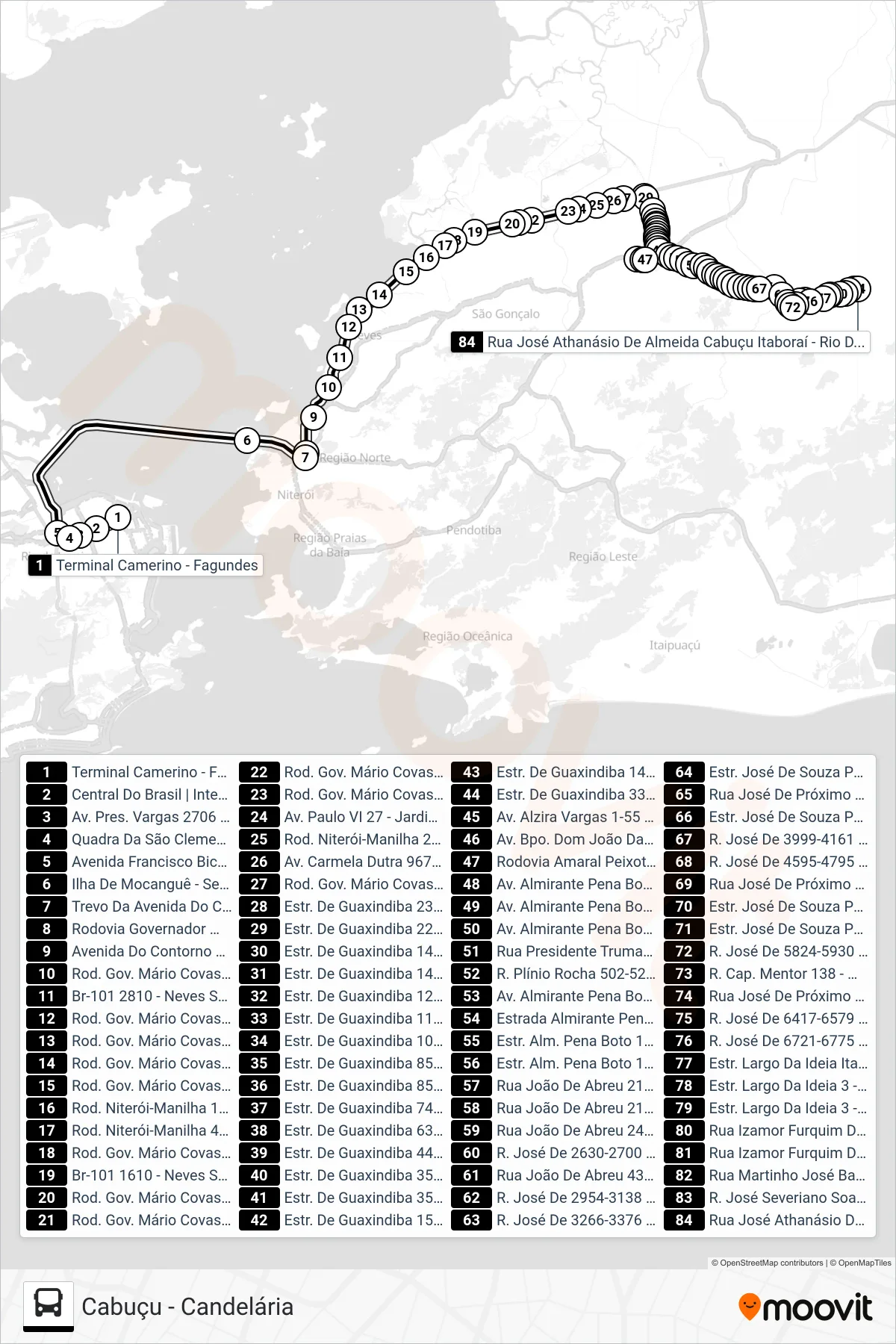 Rota e paradas da linha de ônibus 727D (Cabuçu) no mapa