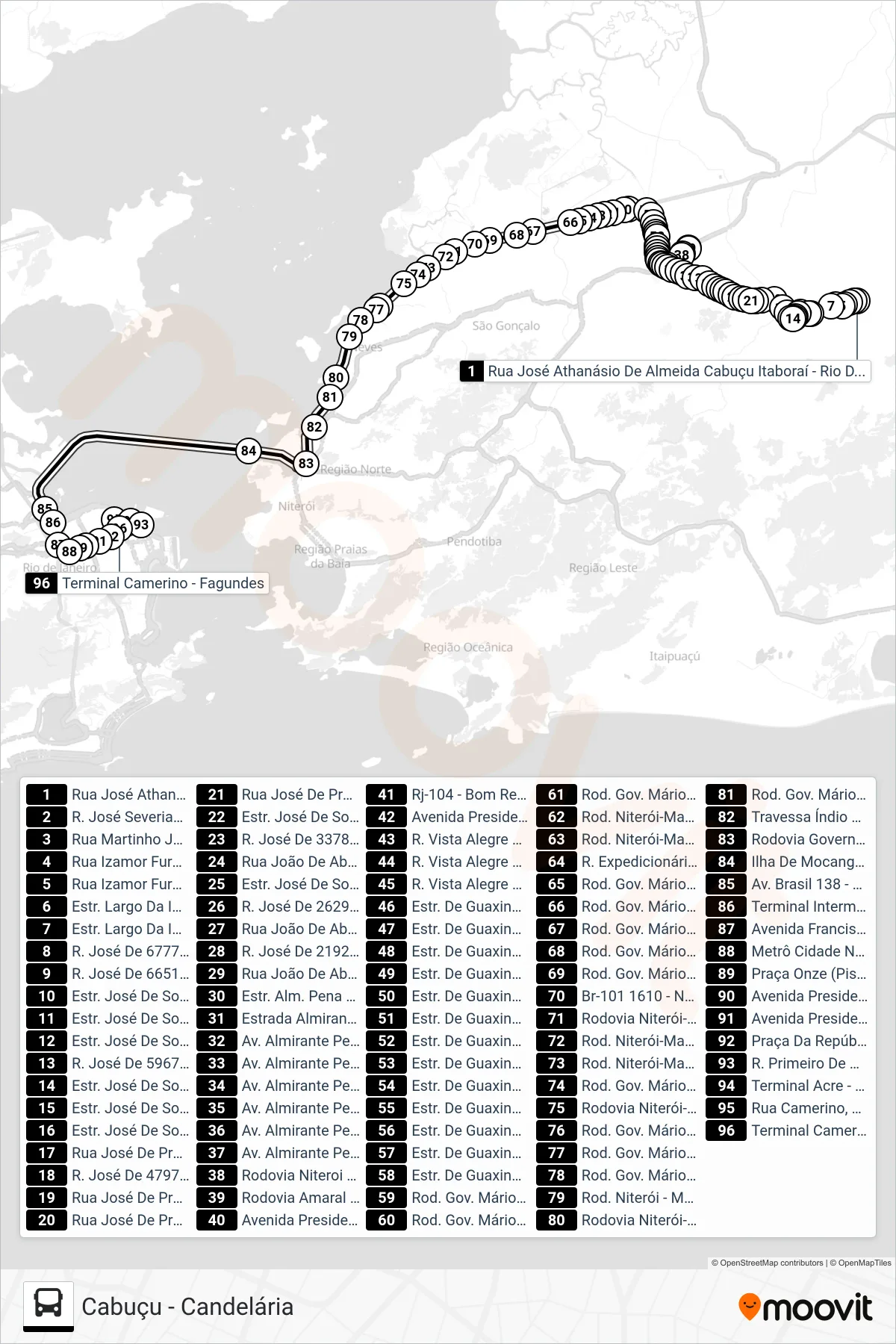 Rota e paradas da linha de ônibus 727D (Candelária) no mapa
