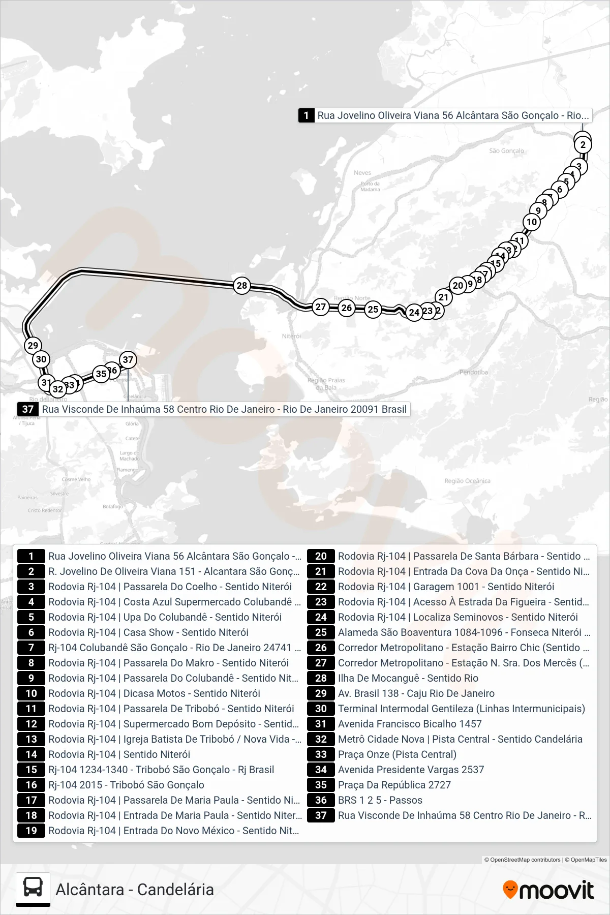 Rota e paradas da linha de ônibus 1721D (Candelária) no mapa
