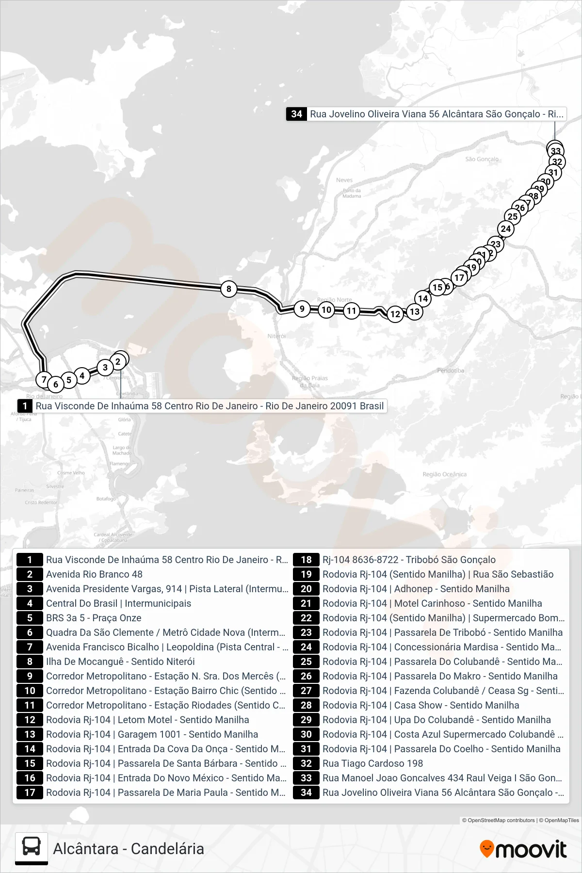 Rota e paradas da linha de ônibus 1721D (Alcântara) no mapa