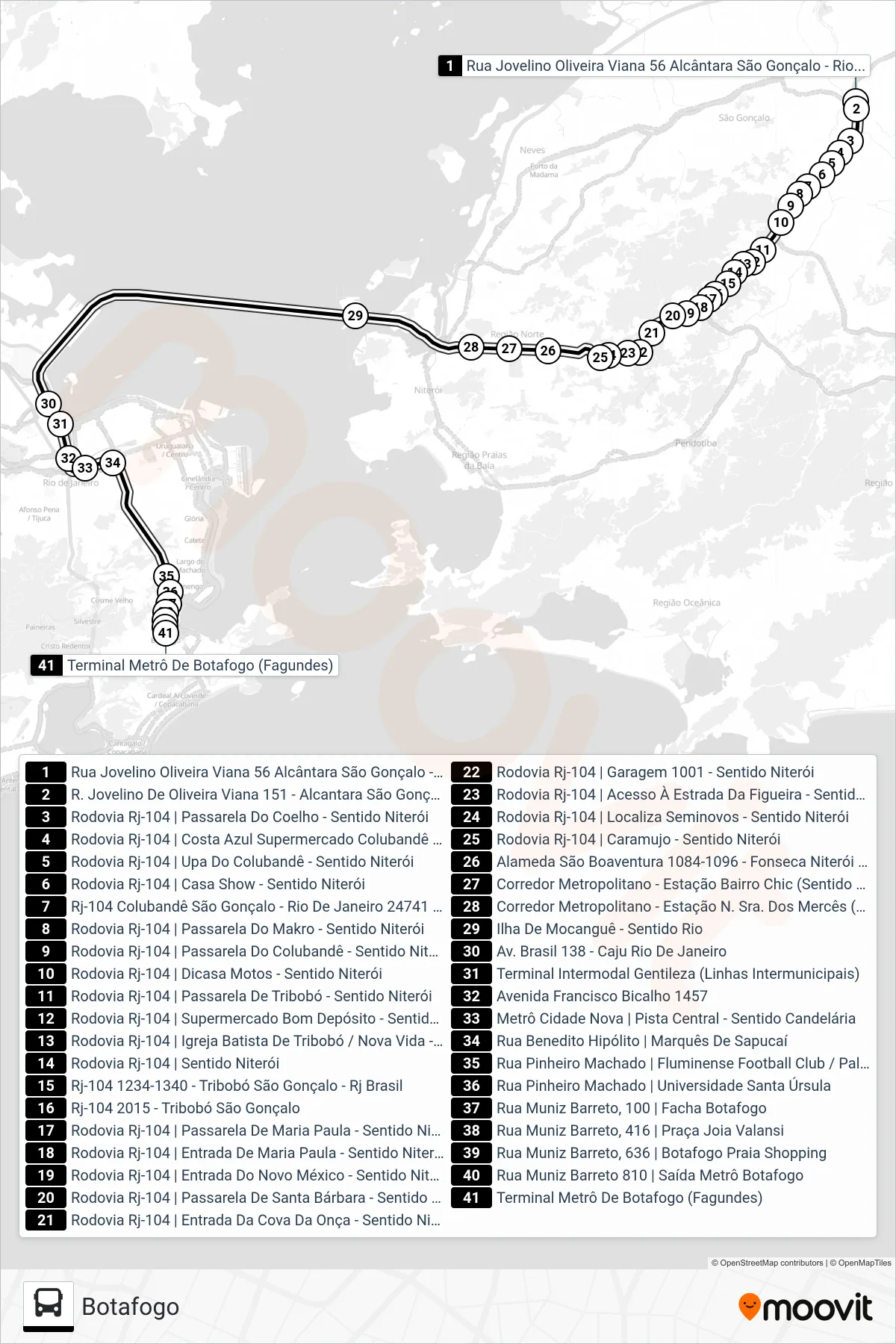 Rota e paradas da linha de ônibus 3721D (Botafogo) no mapa