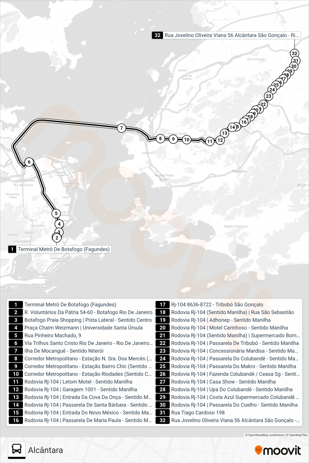 Rota e paradas da linha de ônibus 3721D (Alcântara) no mapa