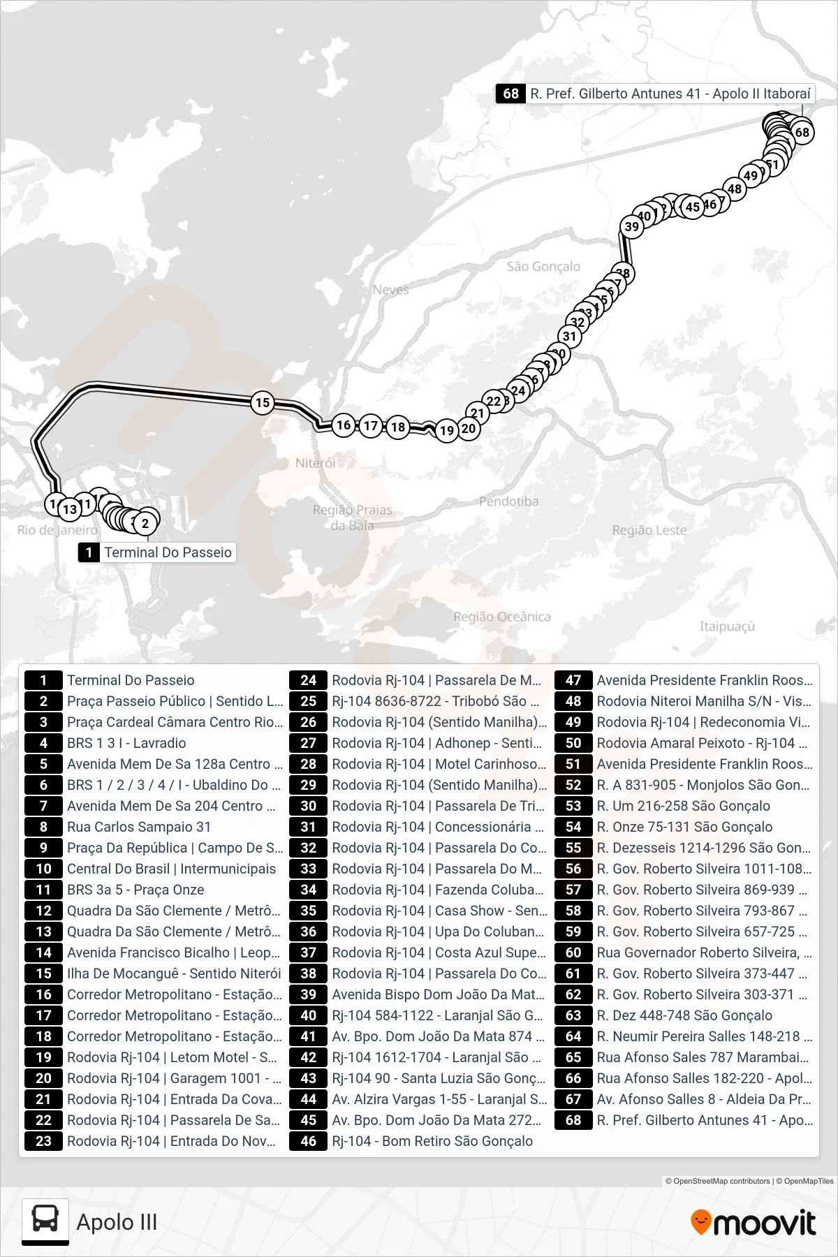Rota e paradas da linha de ônibus 5721D (Apolo III) no mapa
