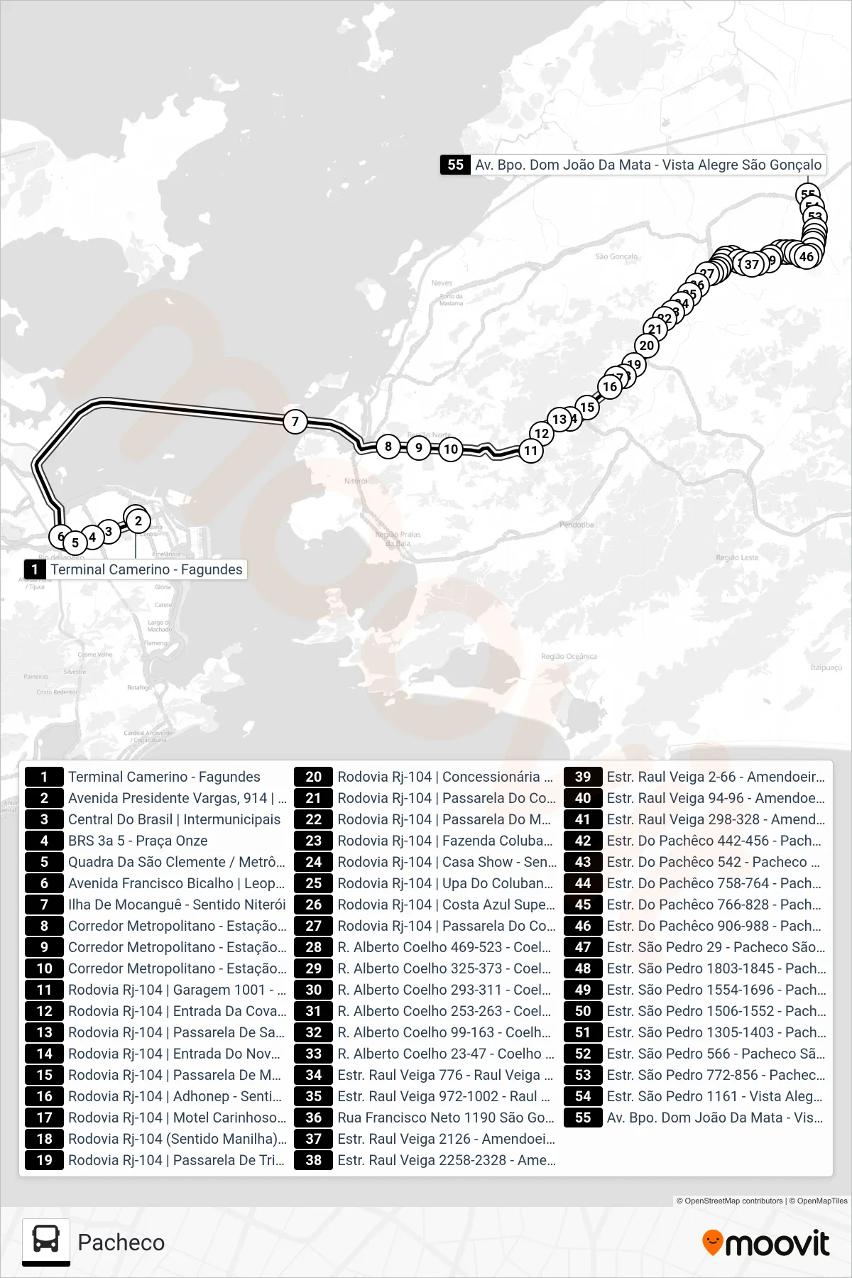Rota e paradas da linha de ônibus 7721P (Pacheco) no mapa