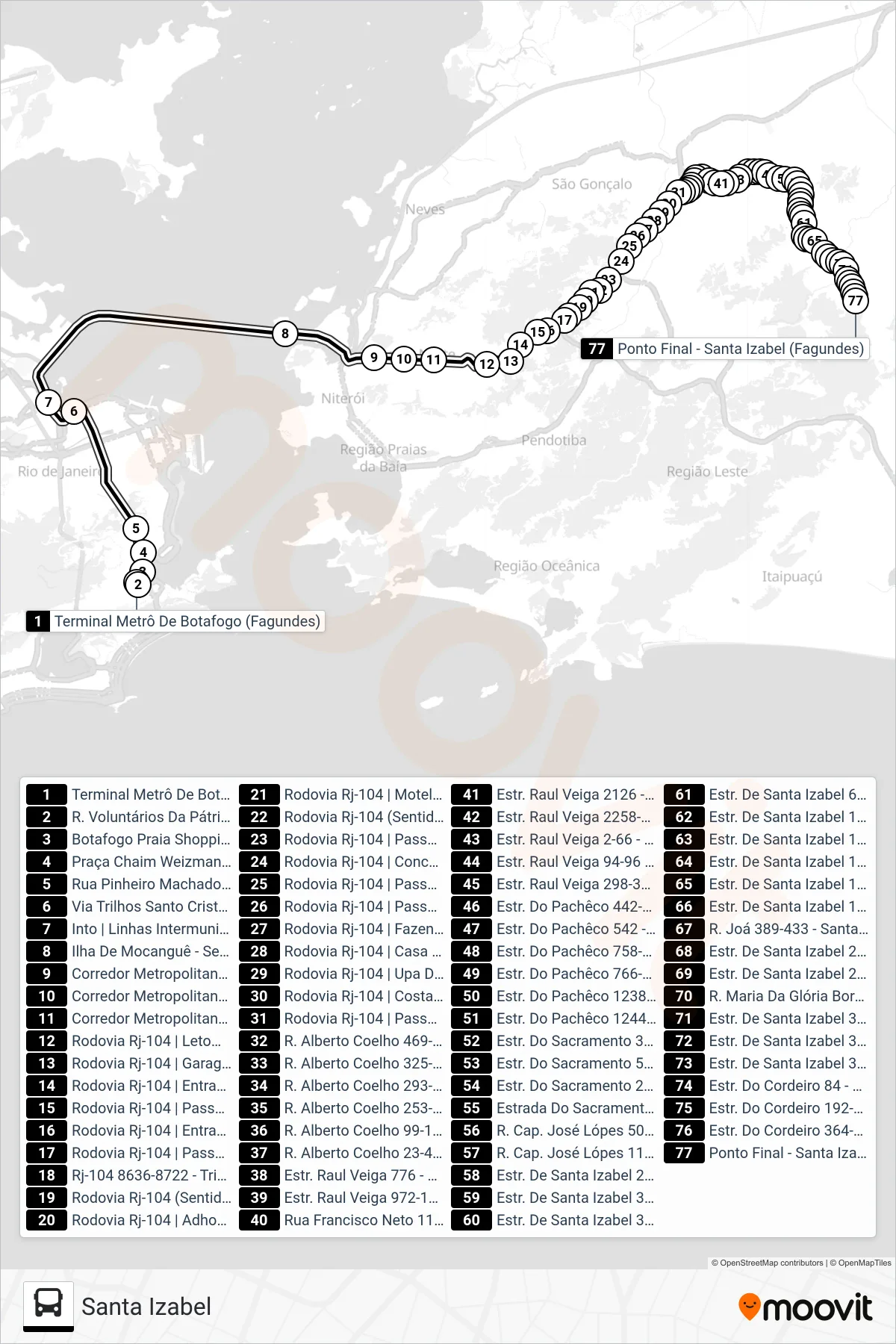 Rota e paradas da linha de ônibus 9721D (Santa Izabel) no mapa
