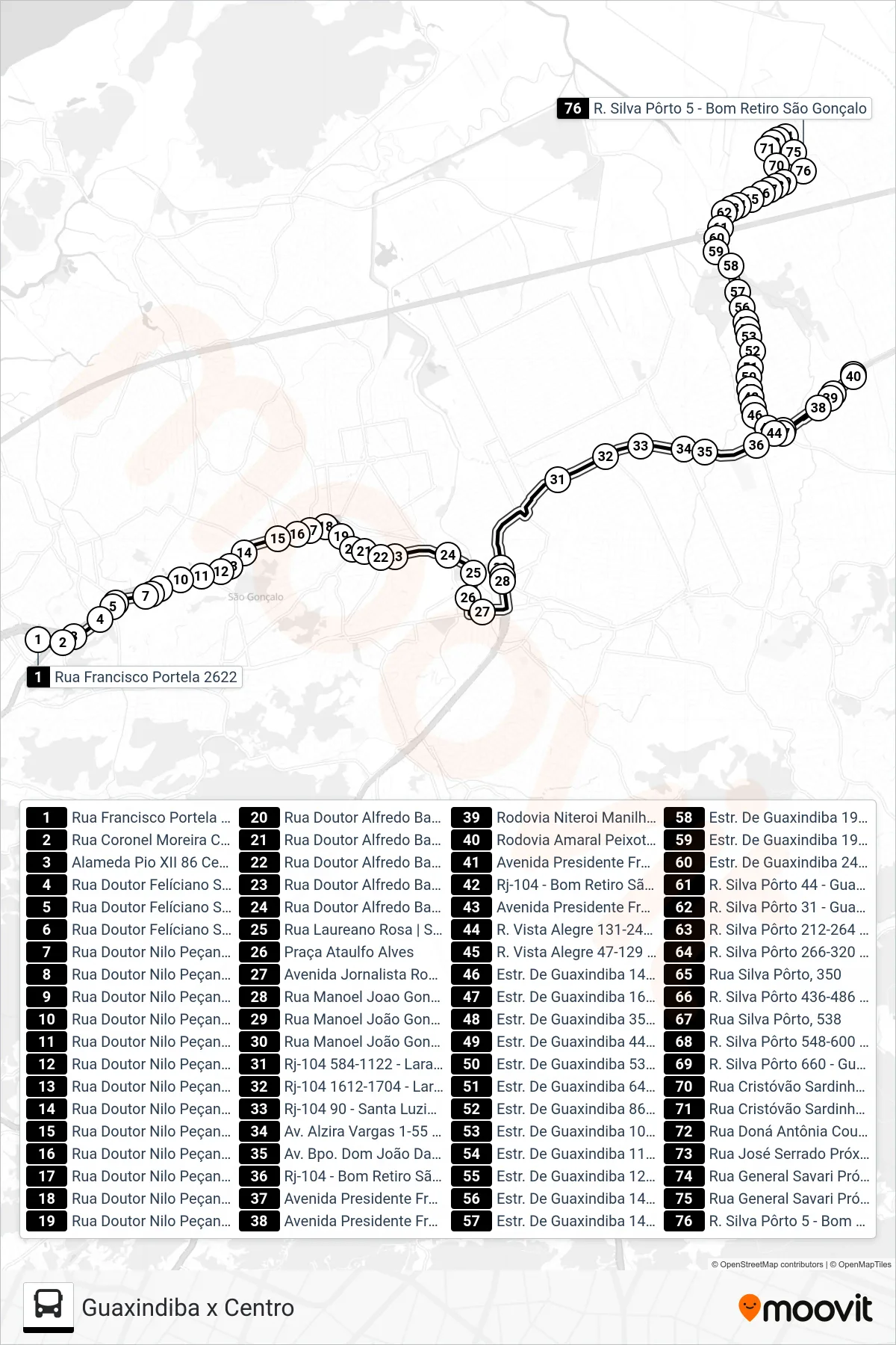 Rota e paradas da linha de ônibus 07 (Guaxindiba) no mapa