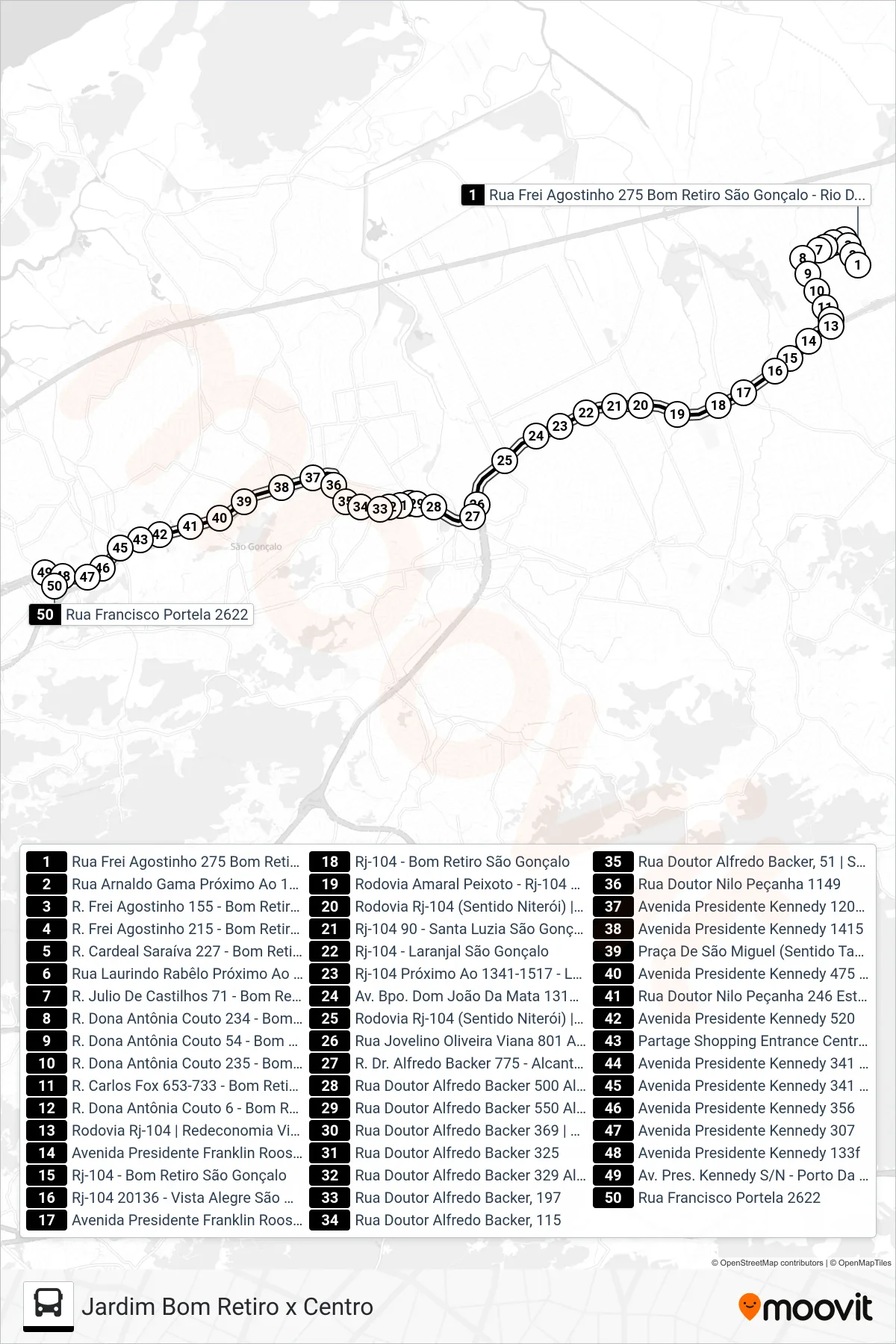 Rota e paradas da linha de ônibus 21 (Centro) no mapa
