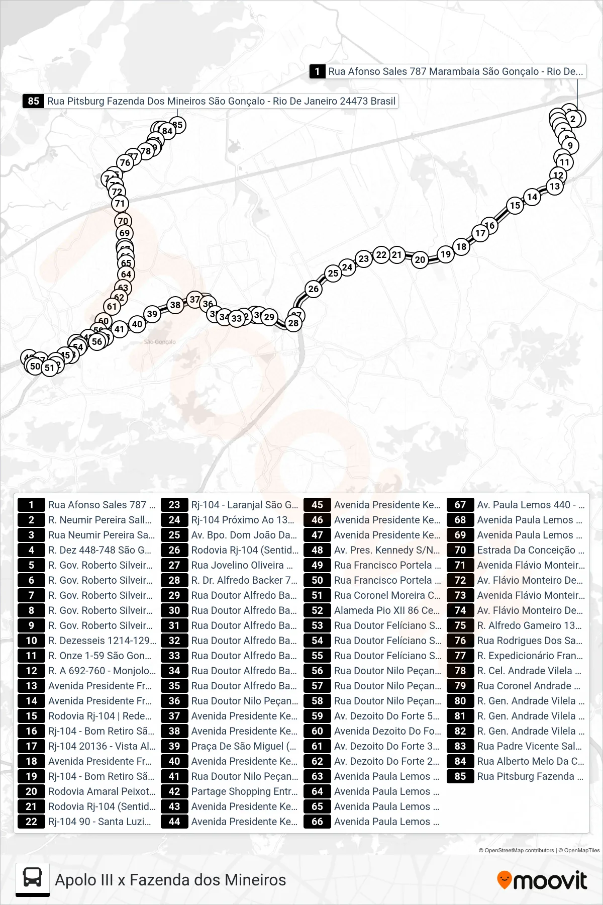 Rota e paradas da linha de ônibus 40 (Fazenda) no mapa