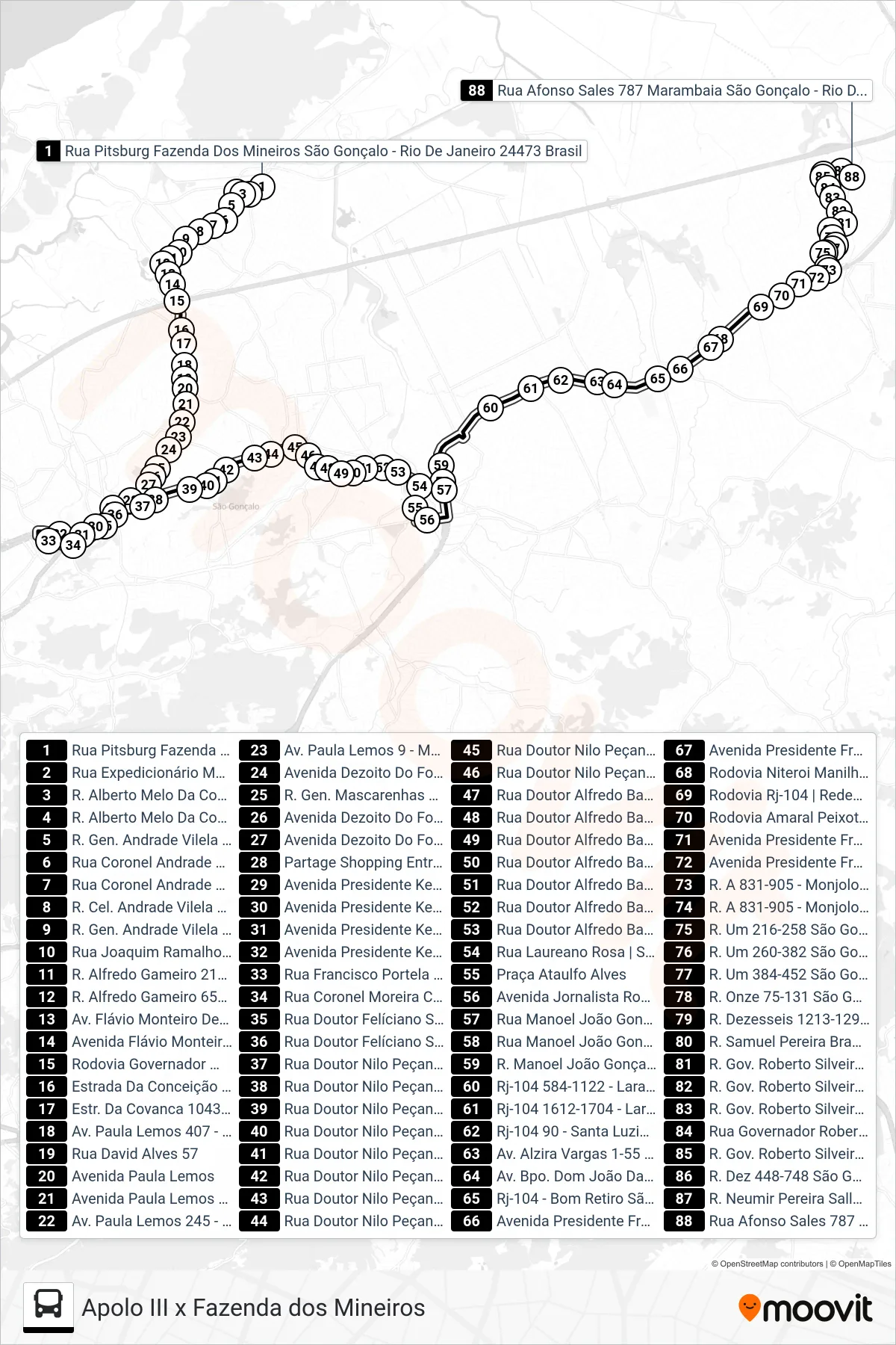 Rota e paradas da linha de ônibus 40 (Apolo III) no mapa