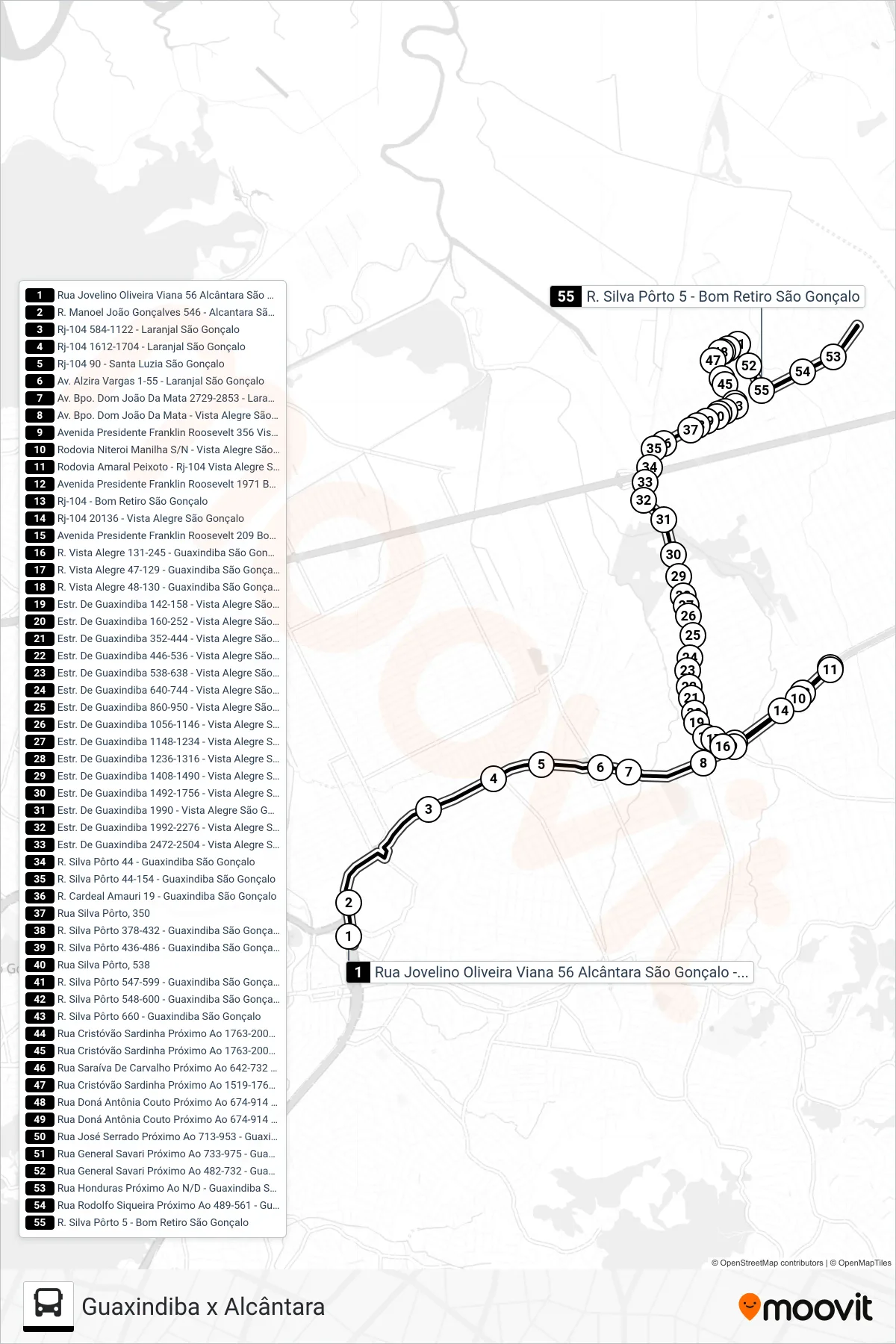 Rota e paradas da linha de ônibus 07A (Guaxindiba) no mapa