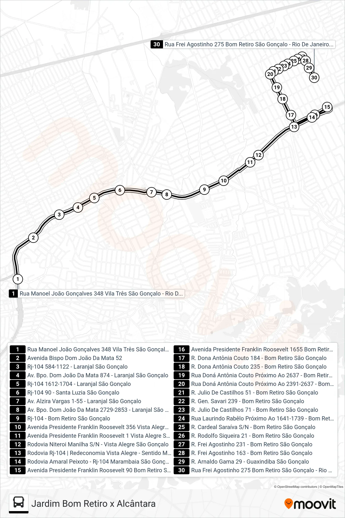 Rota e paradas da linha de ônibus 21A (Jardim B. Retiro) no mapa