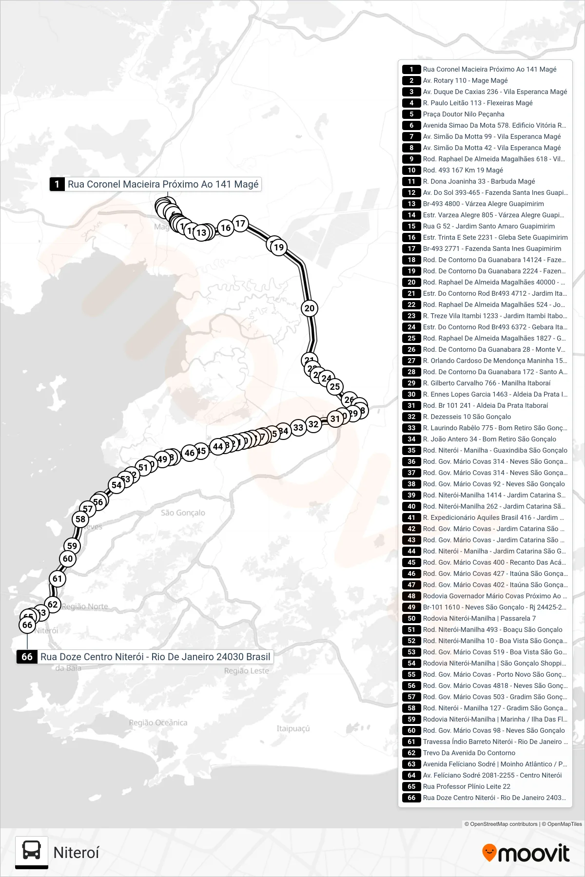 Rota e paradas da linha de ônibus 121Q (Niteroí) no mapa