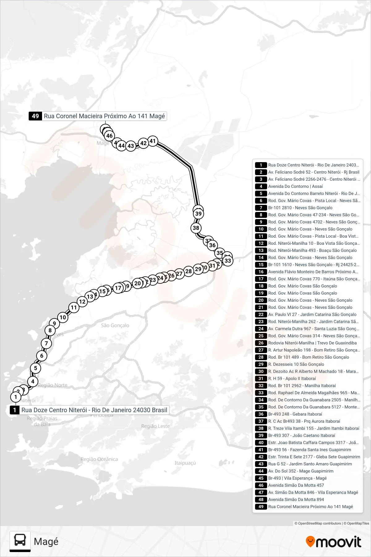 Rota e paradas da linha de ônibus 121Q (Magé) no mapa