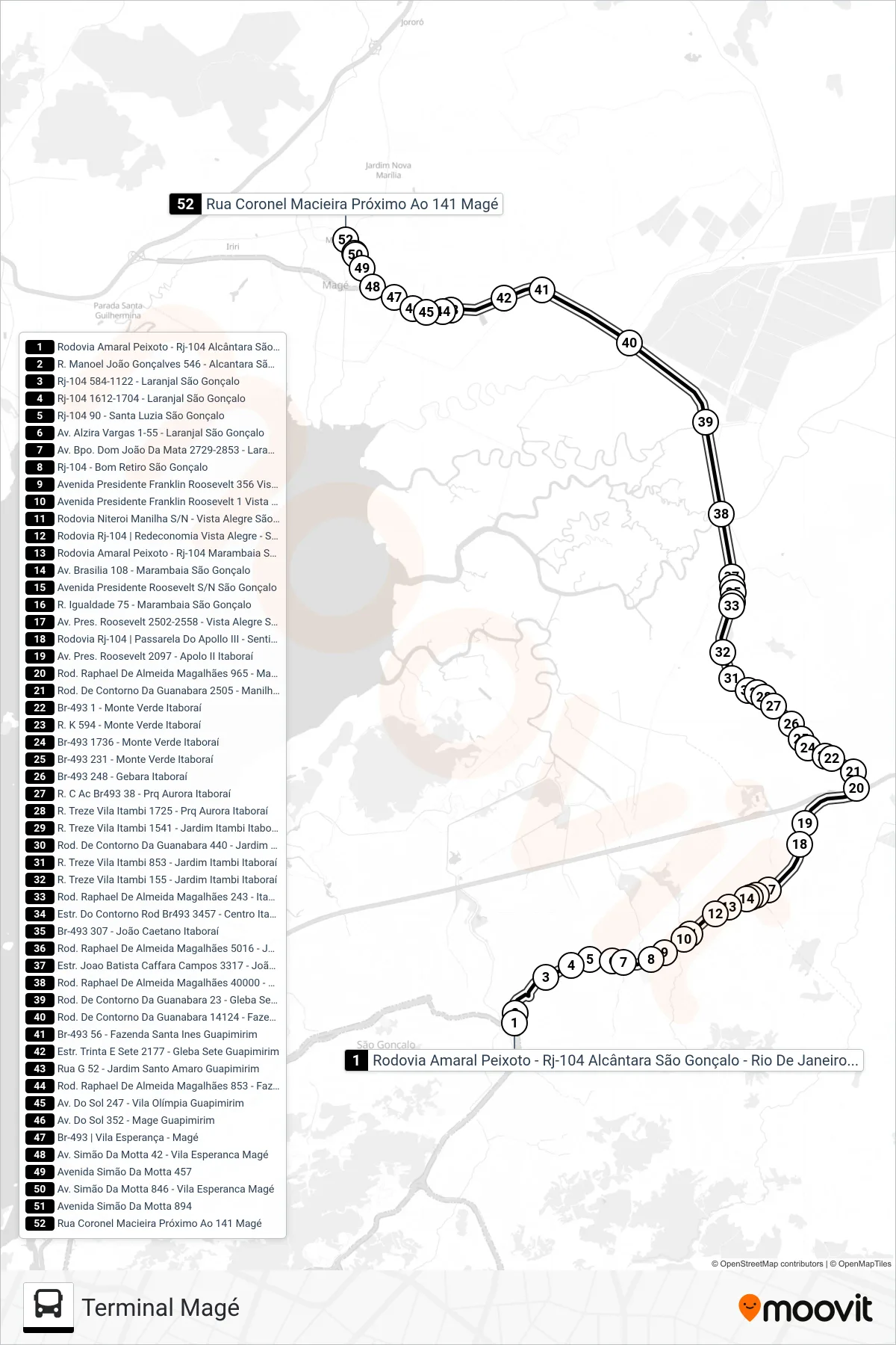 Rota e paradas da linha de ônibus 122Q (Terminal Magé) no mapa
