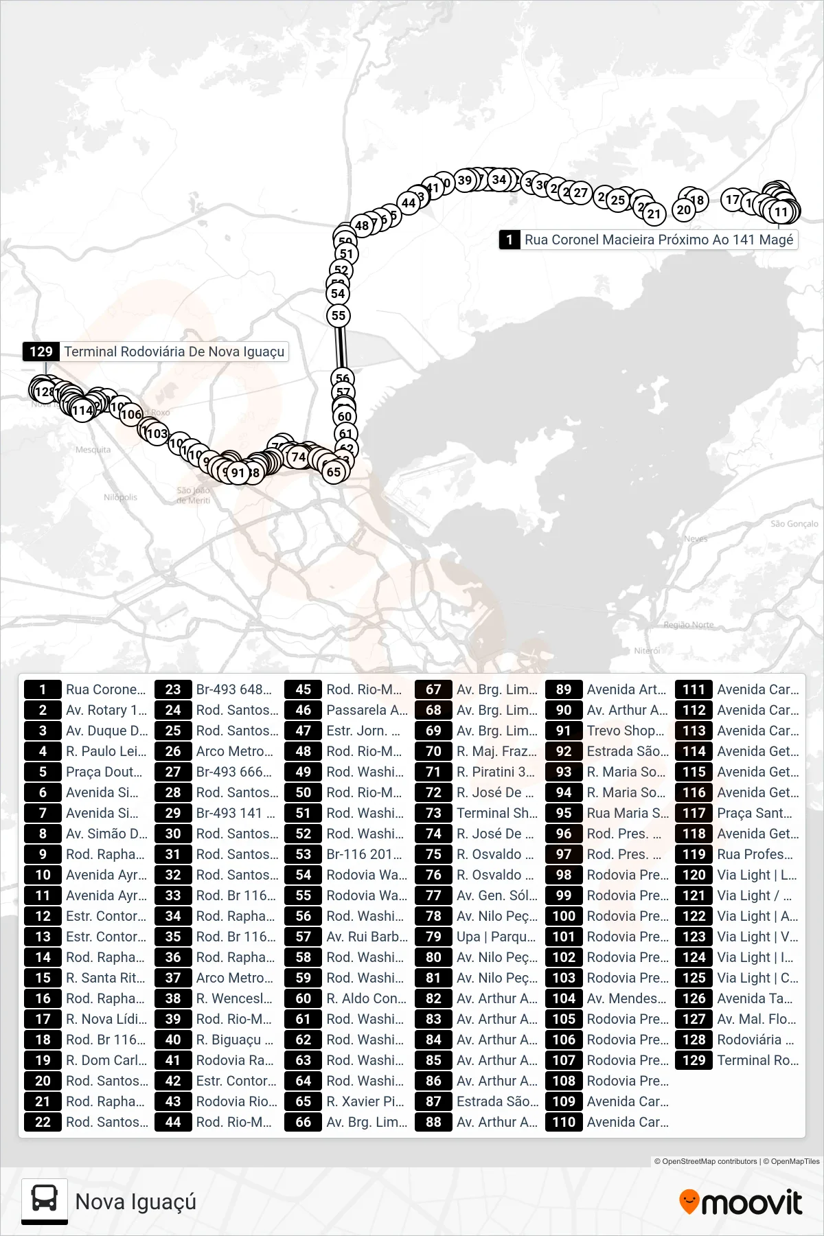 Rota e paradas da linha de ônibus 603I (Nova Iguaçú) no mapa
