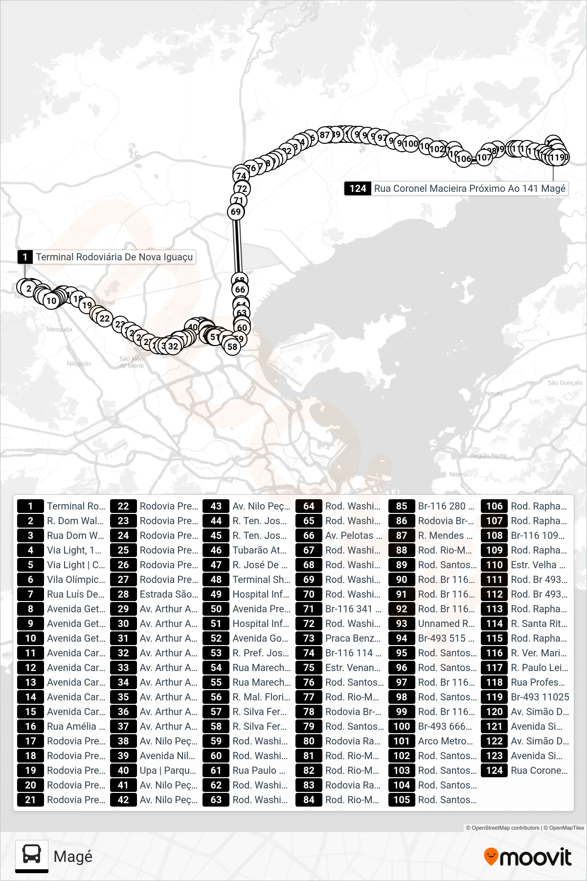 Rota e paradas da linha de ônibus 603I (Magé) no mapa