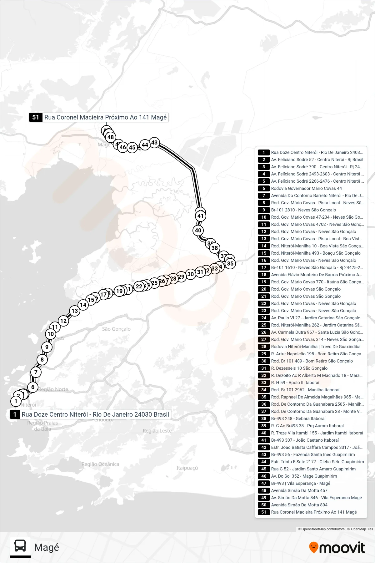 Rota e paradas da linha de ônibus 1121Q (Magé) no mapa