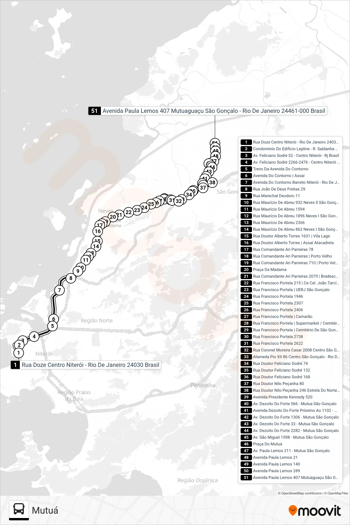 Rota e paradas da linha de ônibus 515M (Mutuá) no mapa