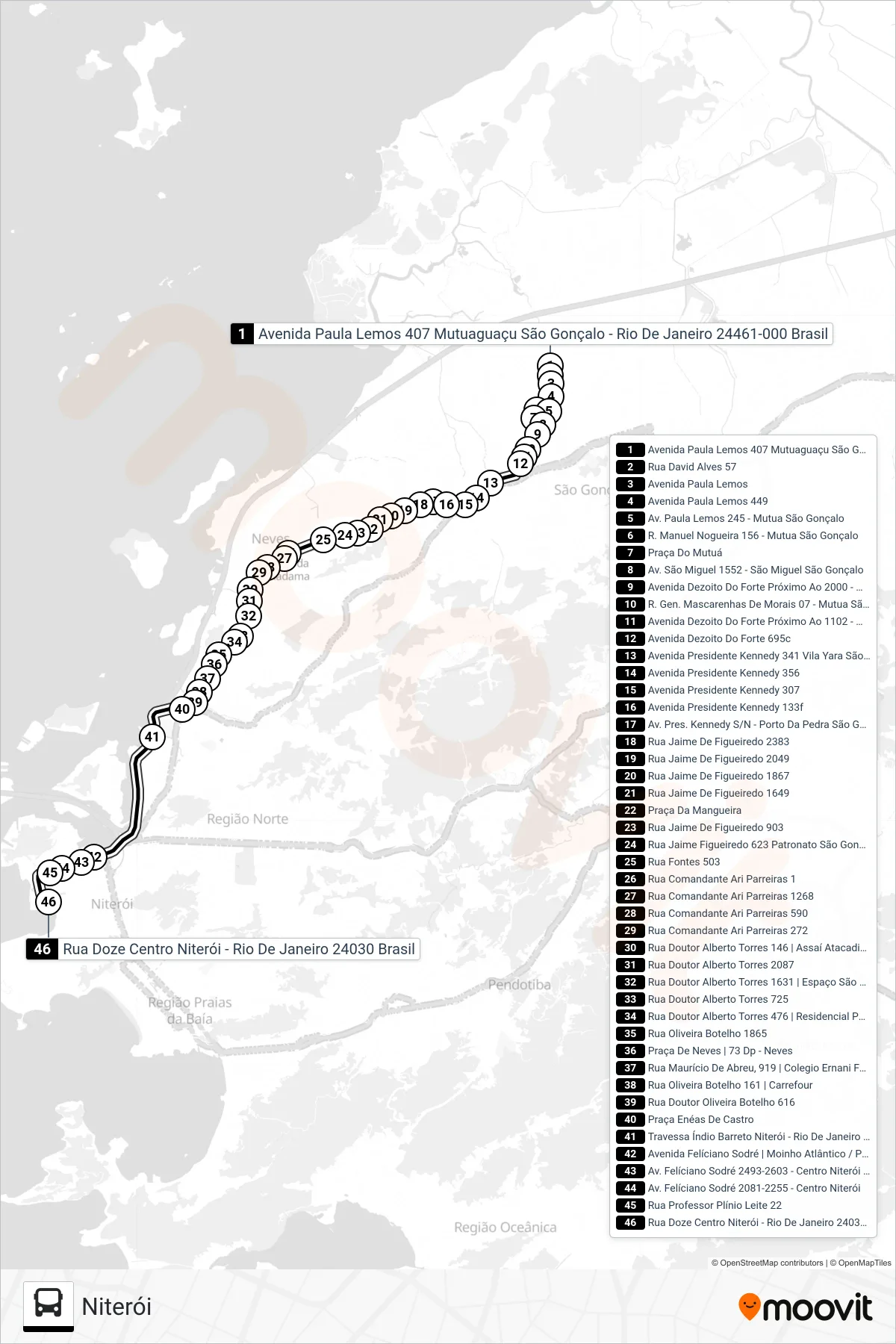 Rota e paradas da linha de ônibus 515M (Niterói) no mapa