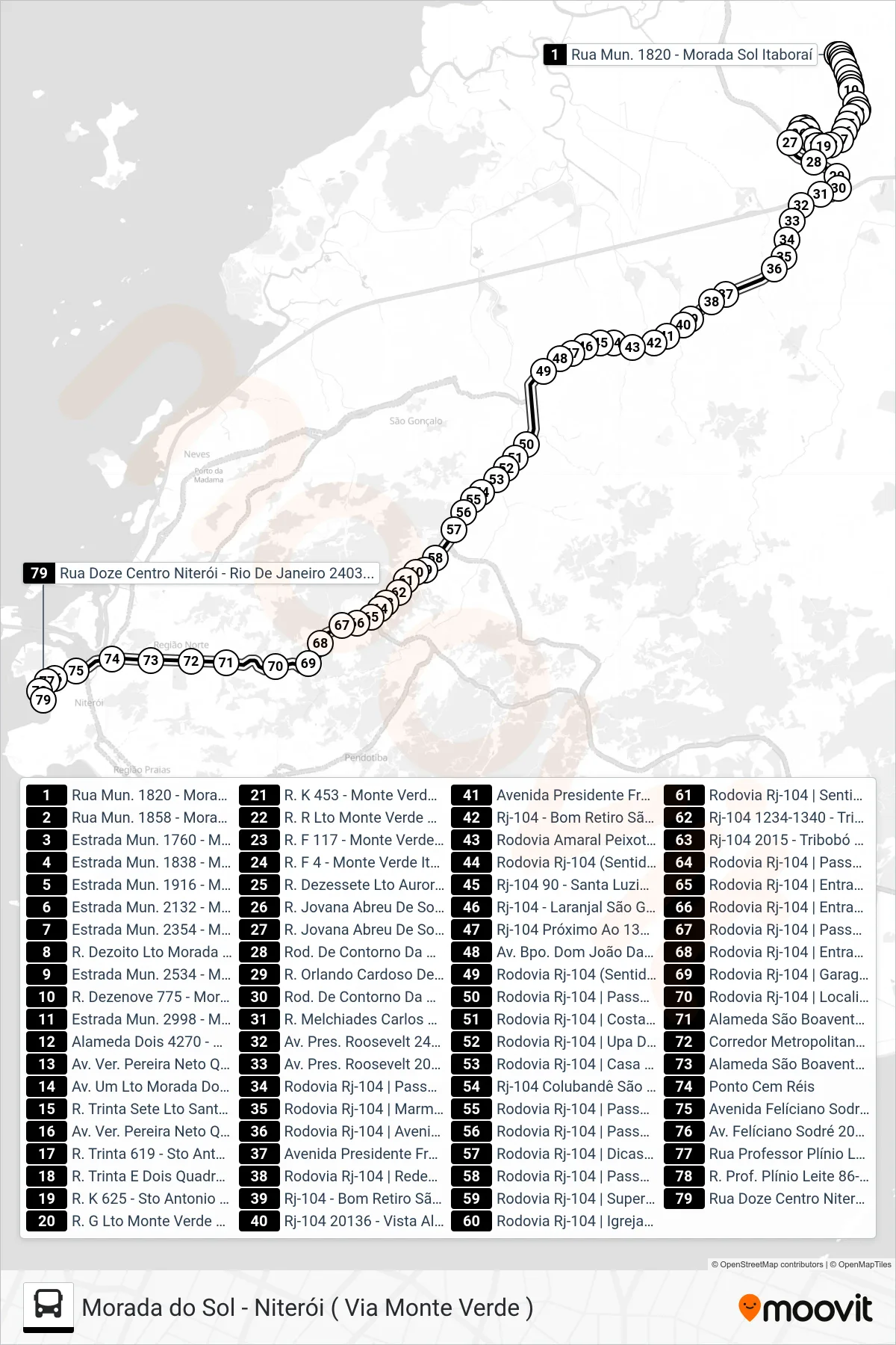 Rota e paradas da linha de ônibus 414M (Niterói) no mapa