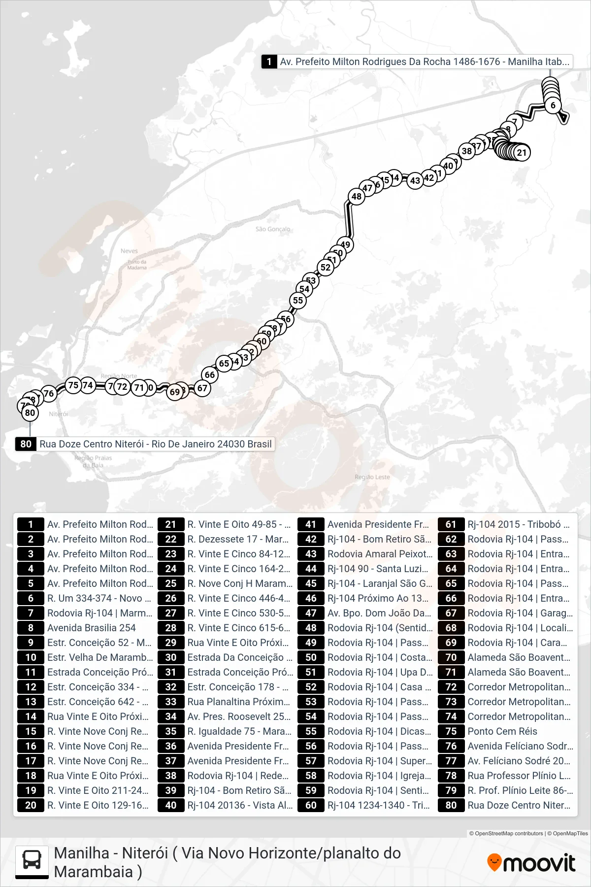 Rota e paradas da linha de ônibus 416M (Niterói) no mapa