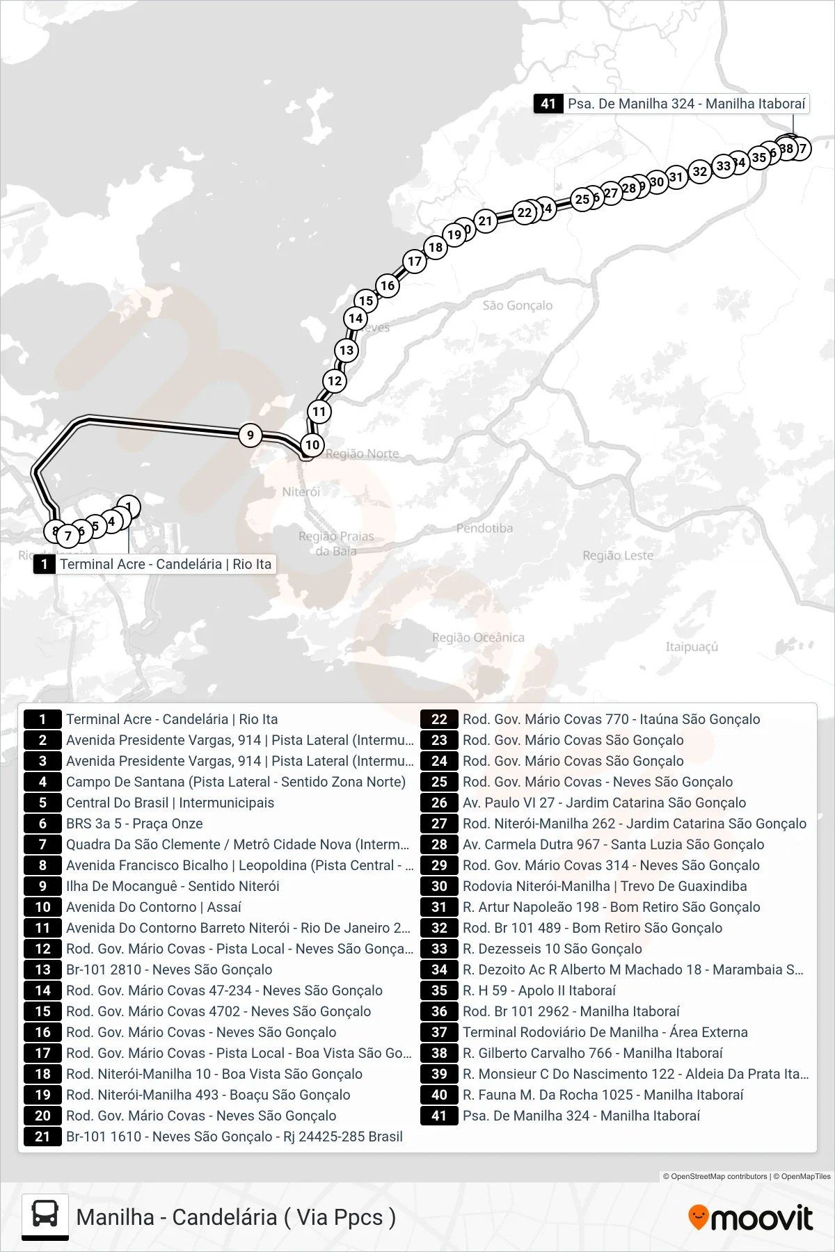 Rota e paradas da linha de ônibus 566D (Manilha) no mapa