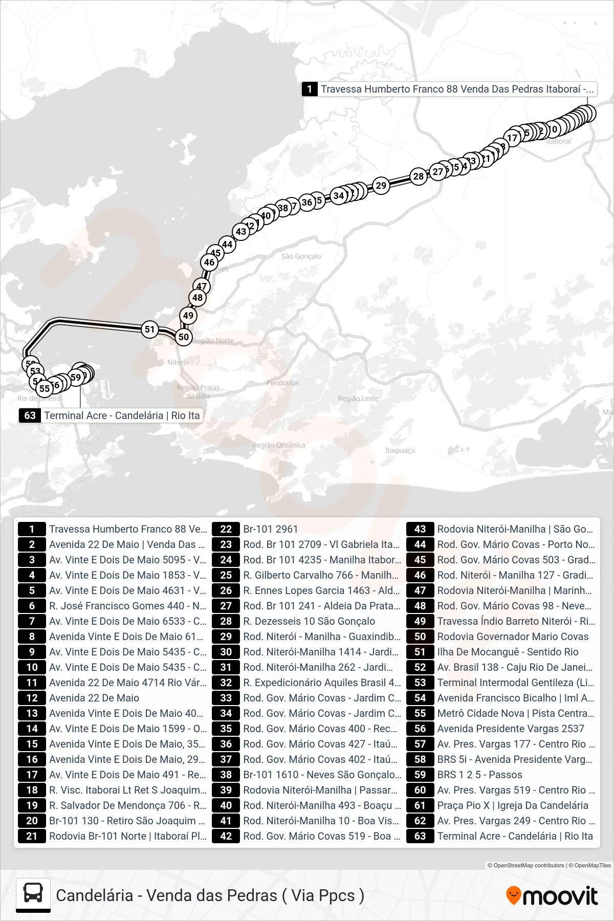 Rota e paradas da linha de ônibus 567D (Candelária) no mapa
