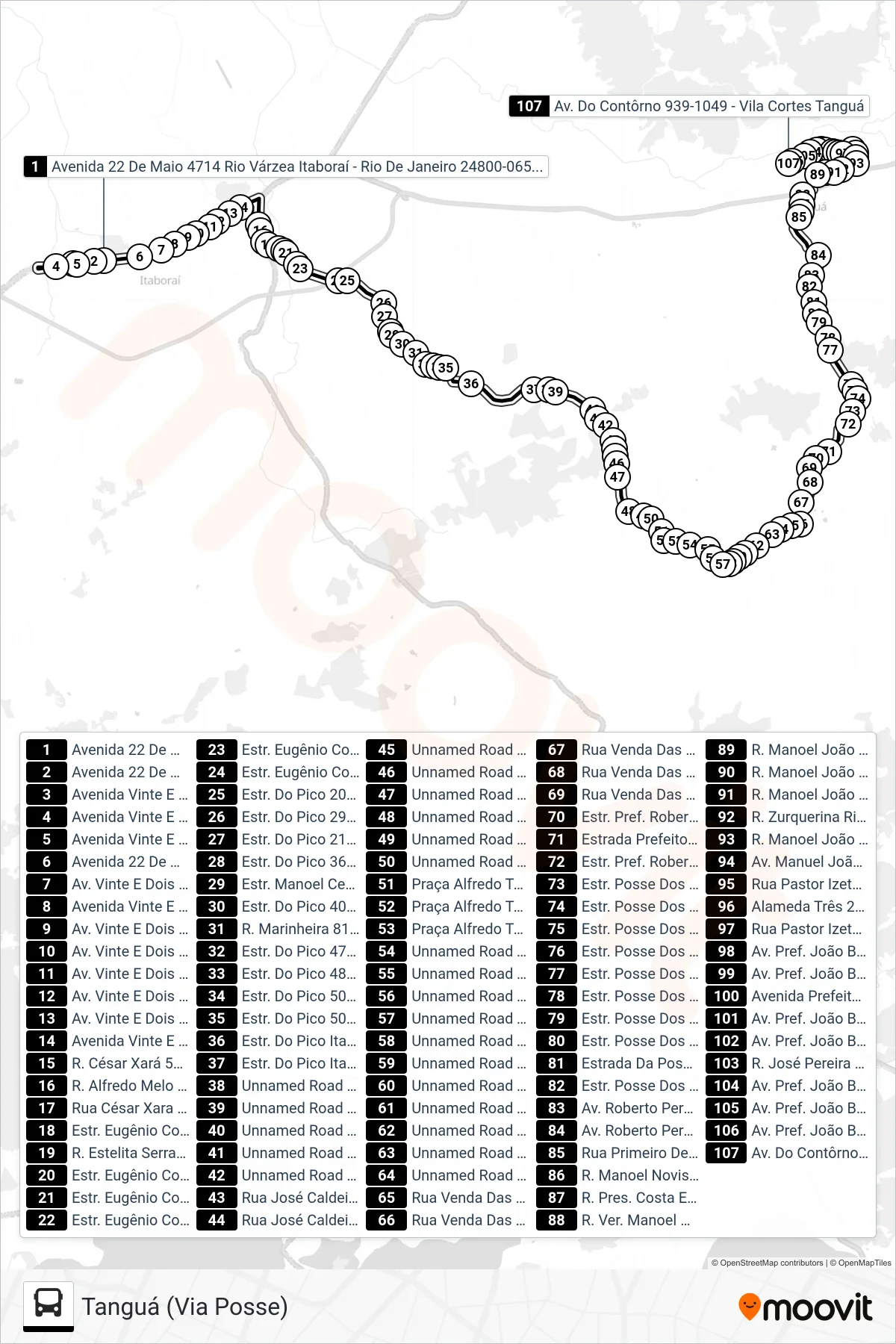 600M bus Line (Tanguá (Via Posse)) route and stops on a map