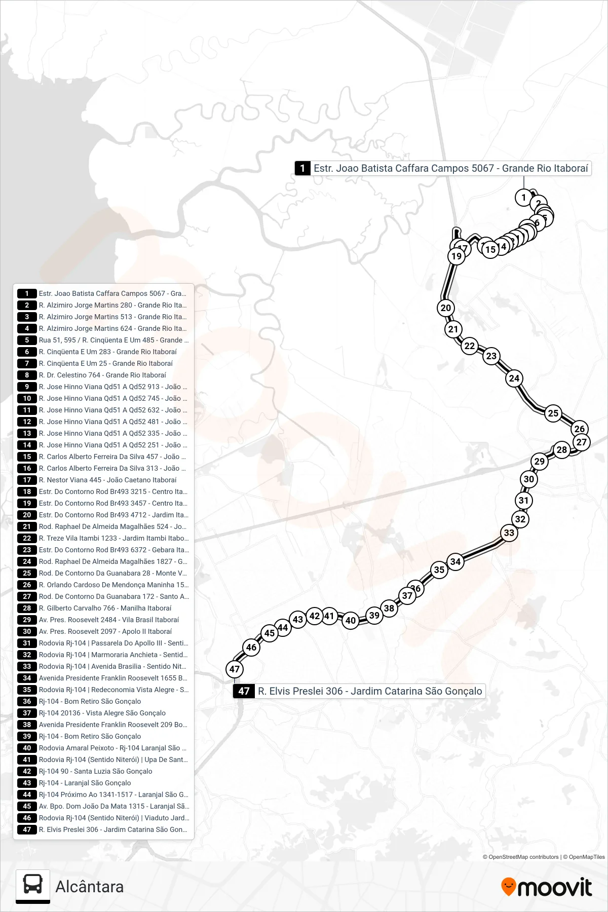 Rota e paradas da linha de ônibus 728M (Alcântara) no mapa
