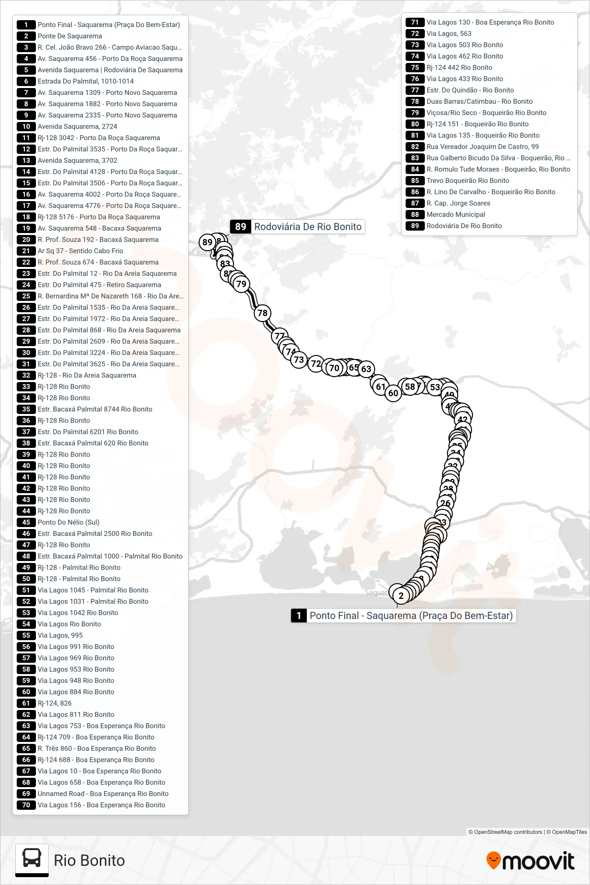 B100 bus Line (Rio Bonito) route and stops on a map