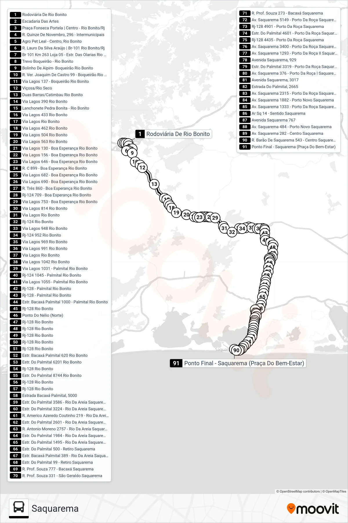 B100 bus Line (Saquarema) route and stops on a map