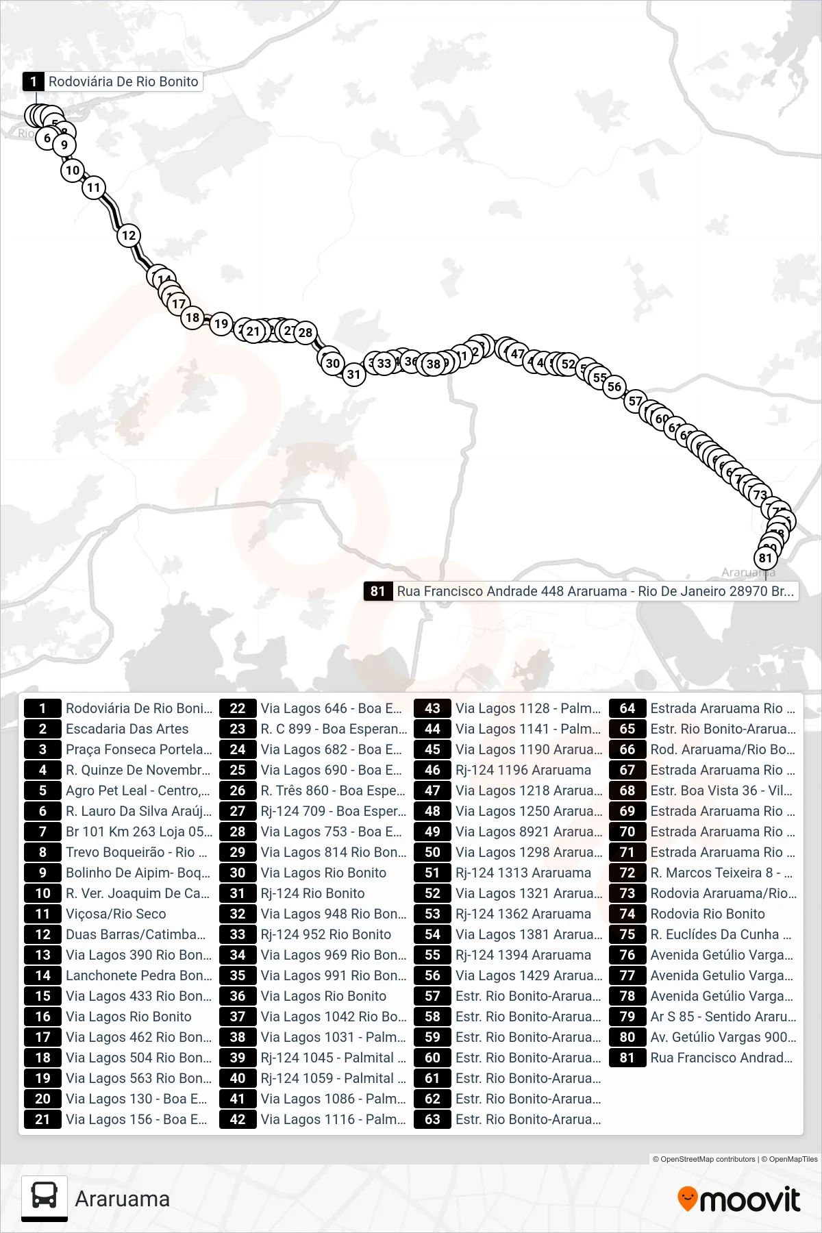Rota e paradas da linha de ônibus  B105  (Araruama) no mapa
