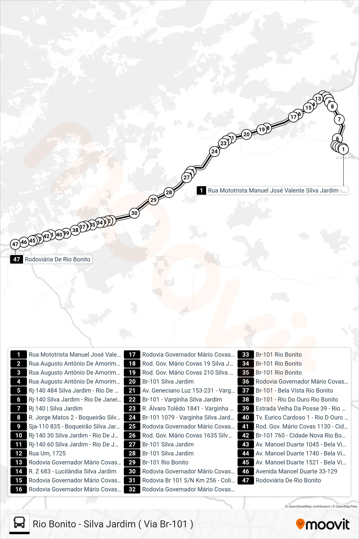 Rota e paradas da linha de ônibus B110 (Rio Bonito) no mapa